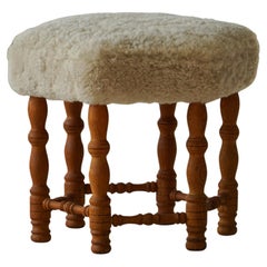 Tabouret hexagonal moderne danois, Oak Oak massif et laine de mouton, années 1950