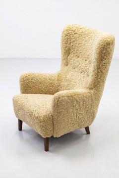 Danish Modern High Back Chair with Sheepskin Upholstery, Denmark, 1950s