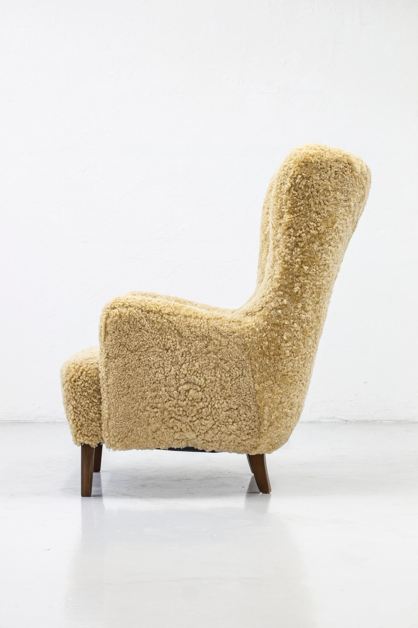 Danish Modern High Back Chair with Sheepskin Upholstery, Denmark, 1950s 1