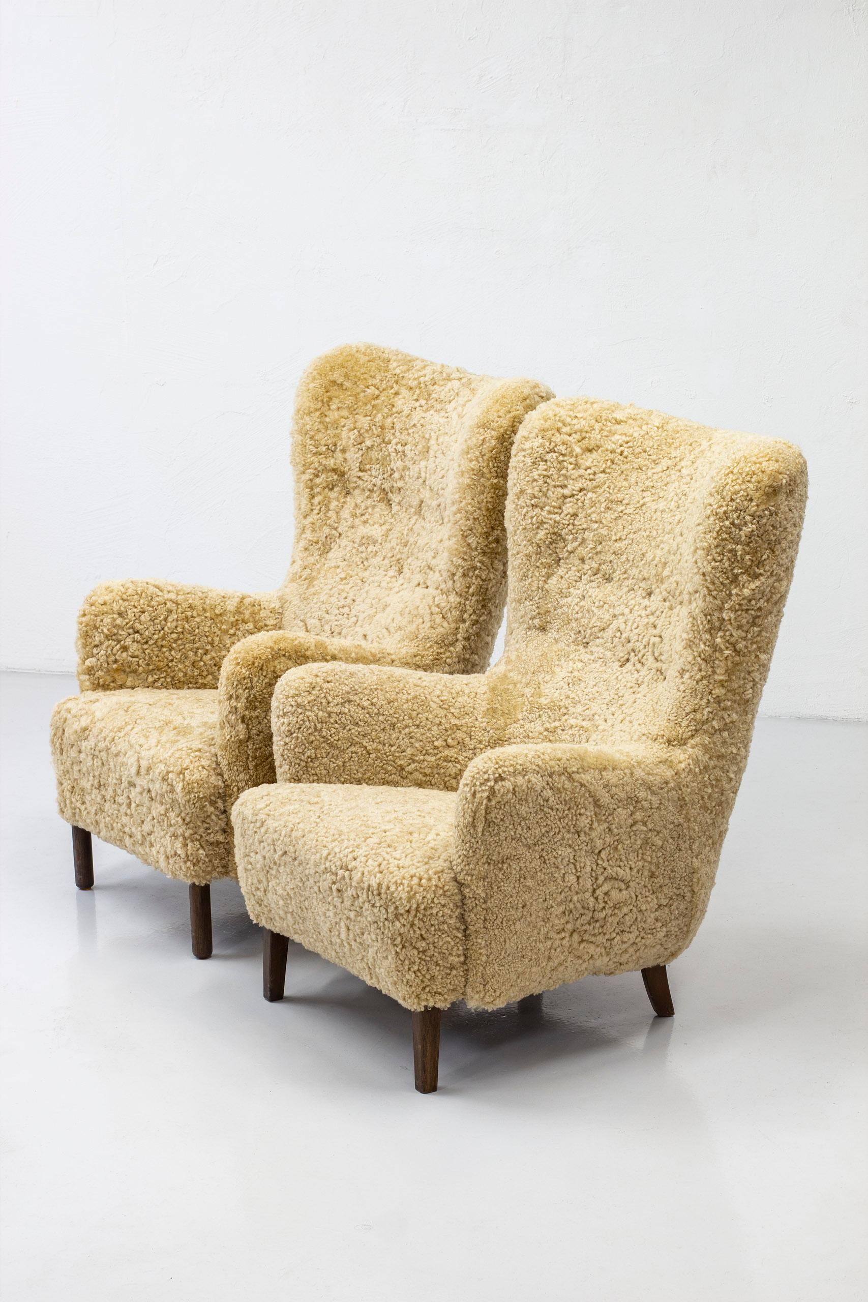 Danish Modern High Back Chair with Sheepskin Upholstery, Denmark, 1950s 4