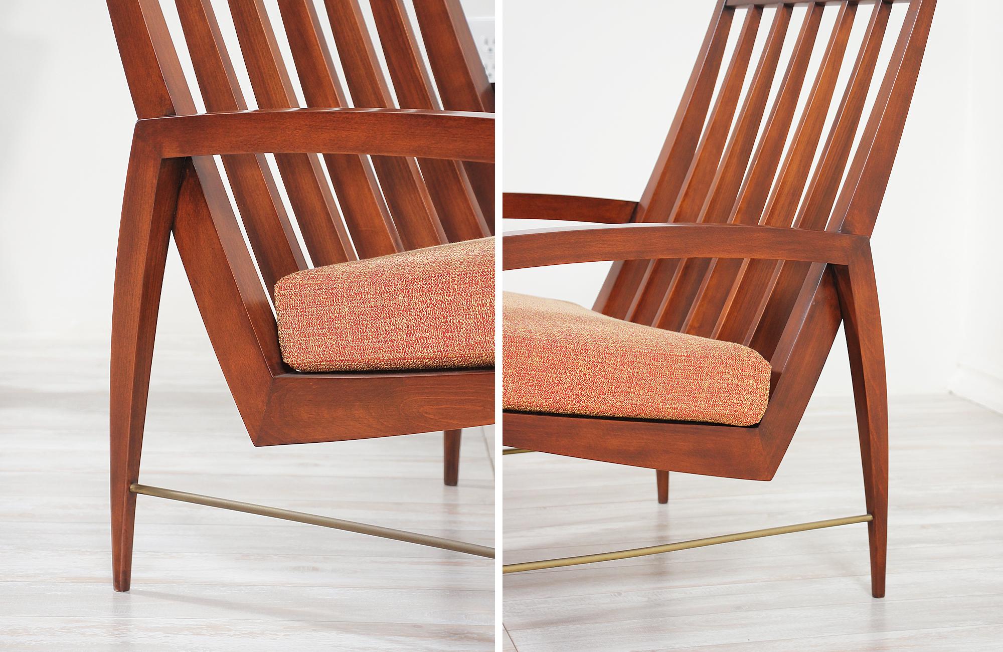 Fabric Danish Modern High-Back Lounge Chair with Brass Accents