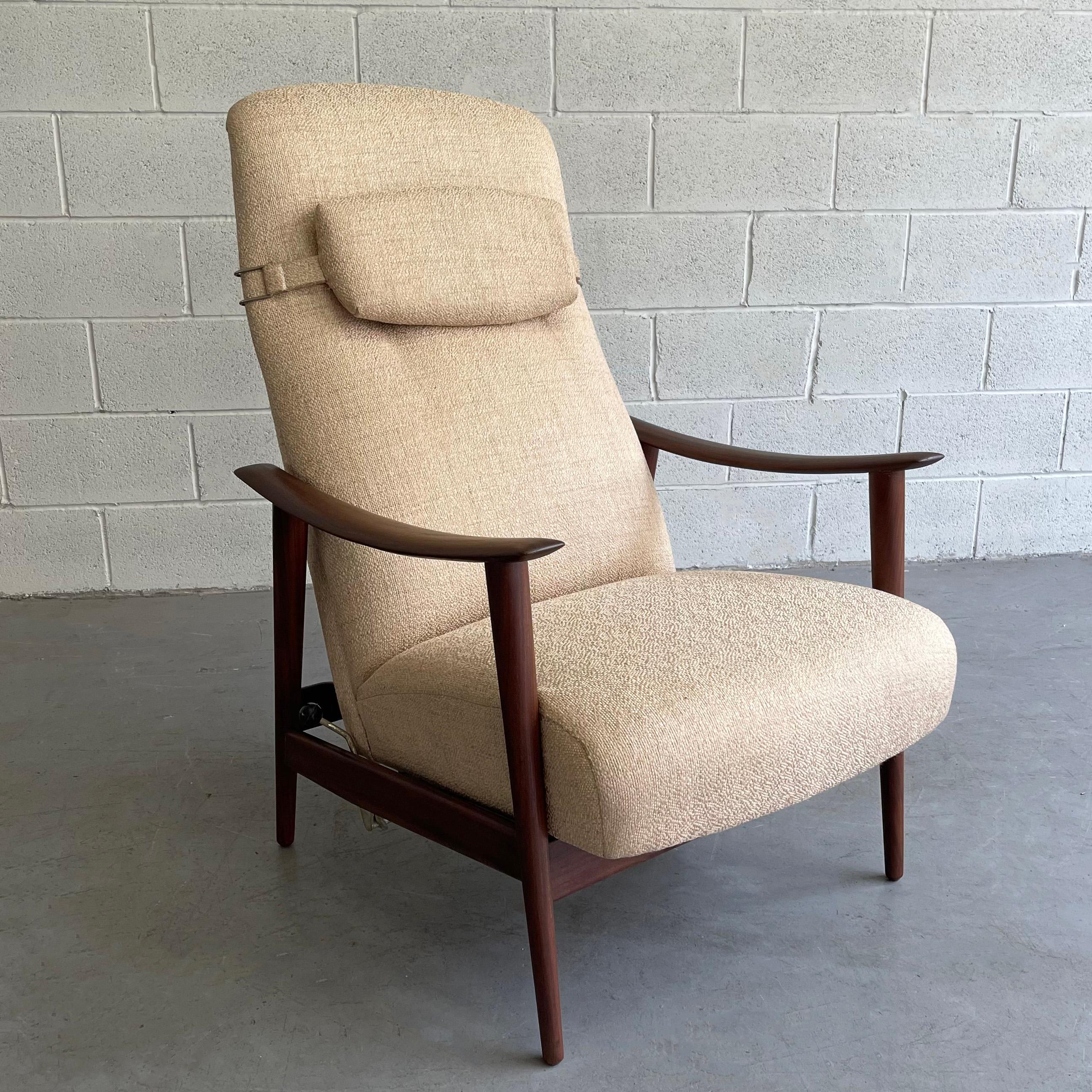 Danish modern, teak, reclining lounge chair by Arnt Lande for Stokke Mobler features a high back with removable headrest can be set in 3 positions. The chair is newly upholstered in a wheat cotton linen woven blend.
