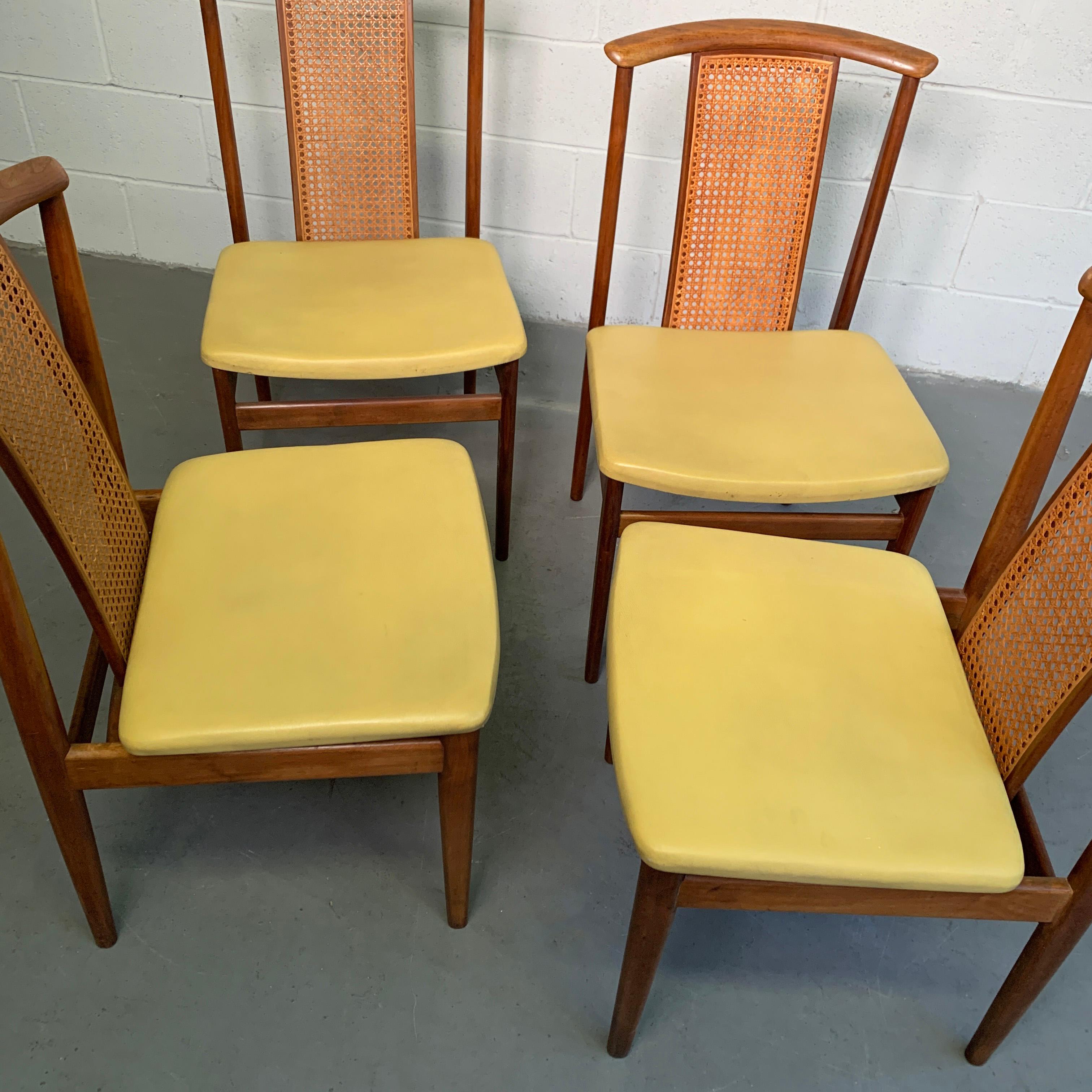 Fabric Danish Modern High Cane Back Teak Dining Chairs
