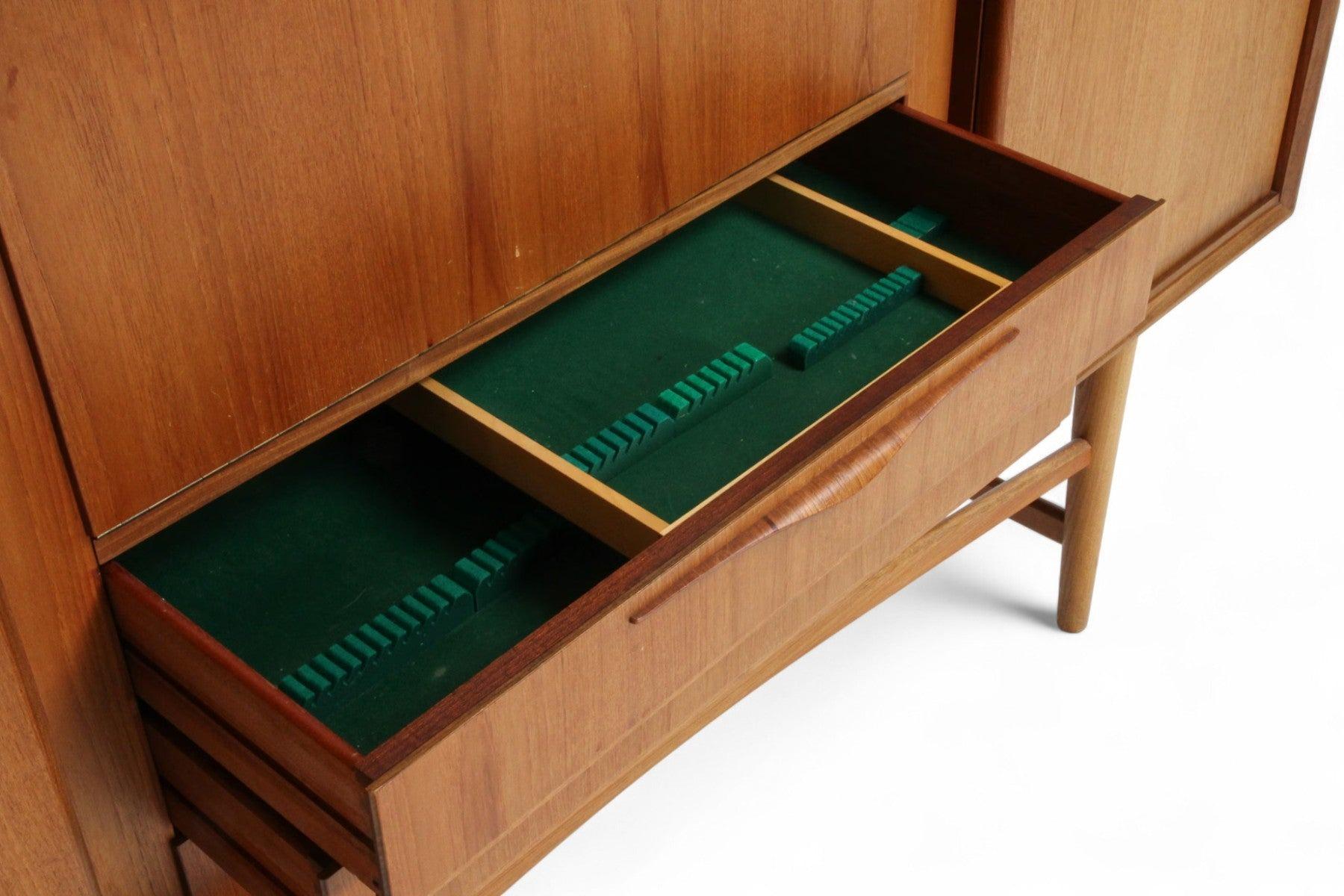 Mid-Century Modern Danish Modern High Sideboard in Teak With Mirrored Dry Bar For Sale