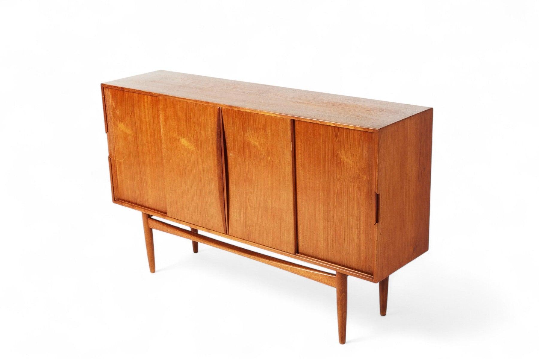 Danish Modern High Sideboard in Teak With Rolled Pulls In Good Condition For Sale In Berkeley, CA