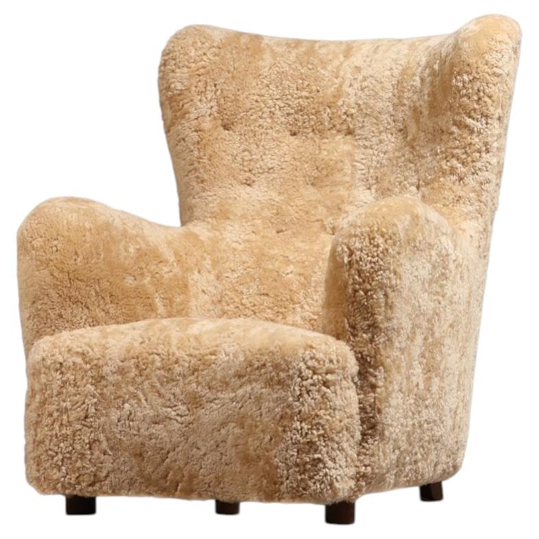 Danish Modern High Wingback Armchair in Honey Sheepskin, 1940s