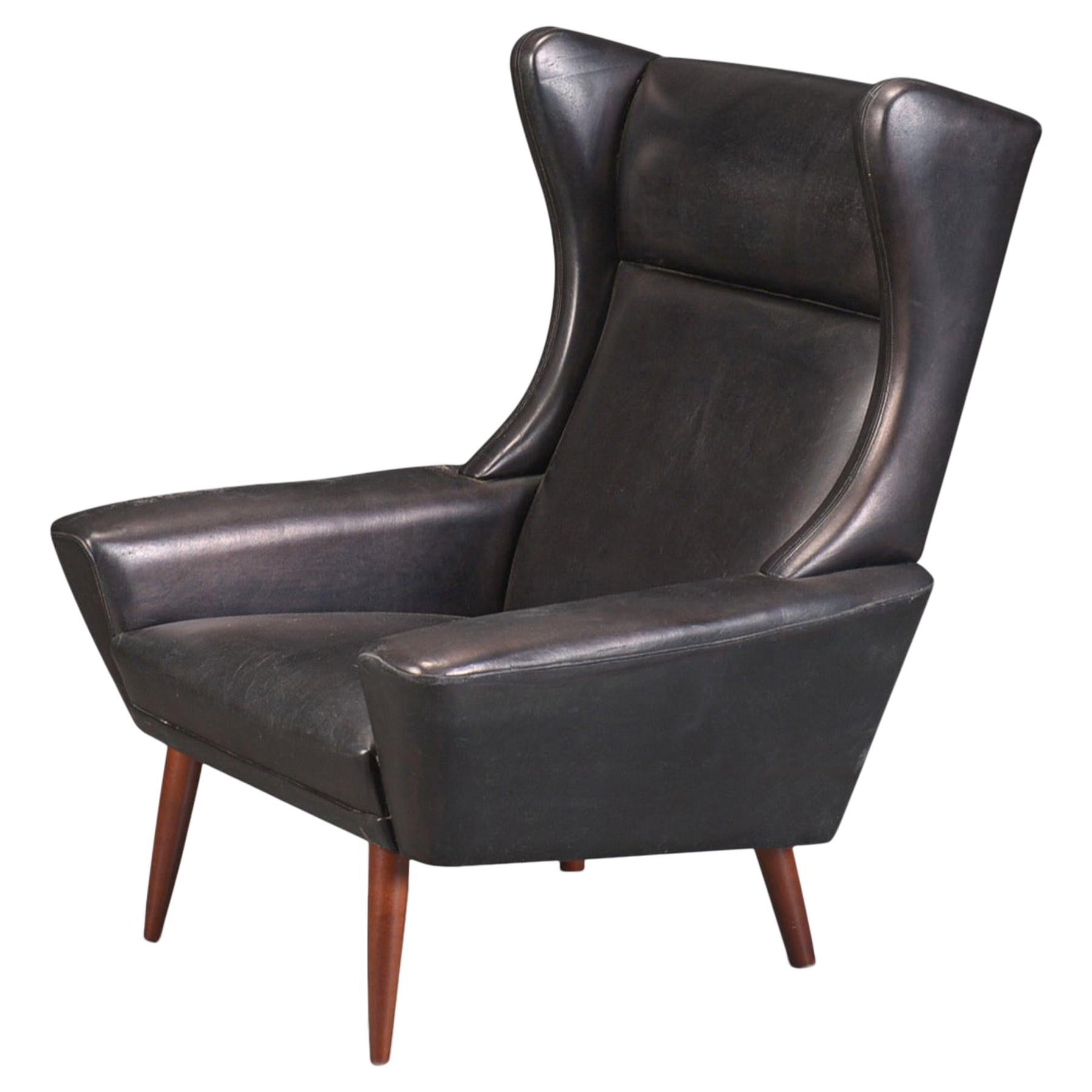 Danish Modern High Wingback Chair in Black Leather