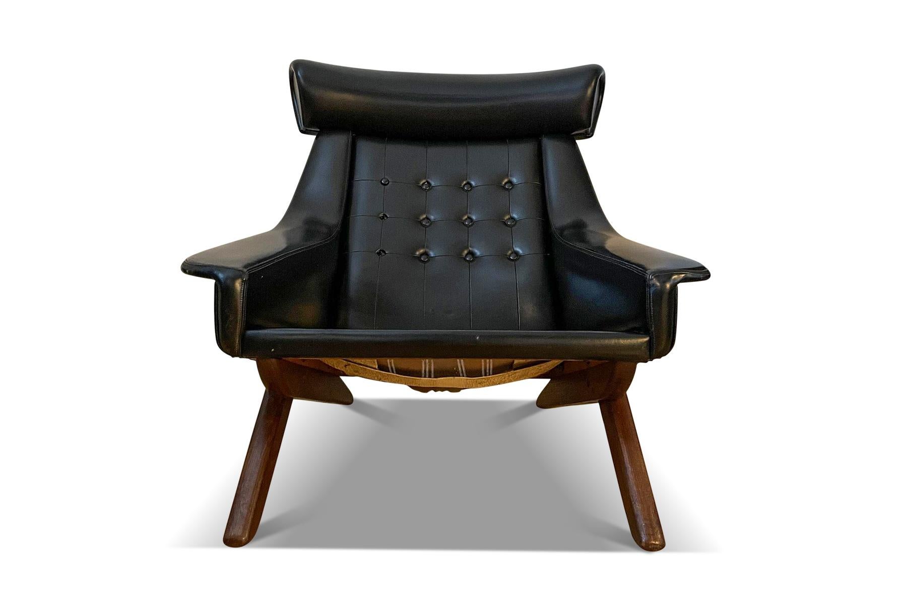 20th Century Danish Modern High Wingback Lounge Chair in Black Vinyl For Sale