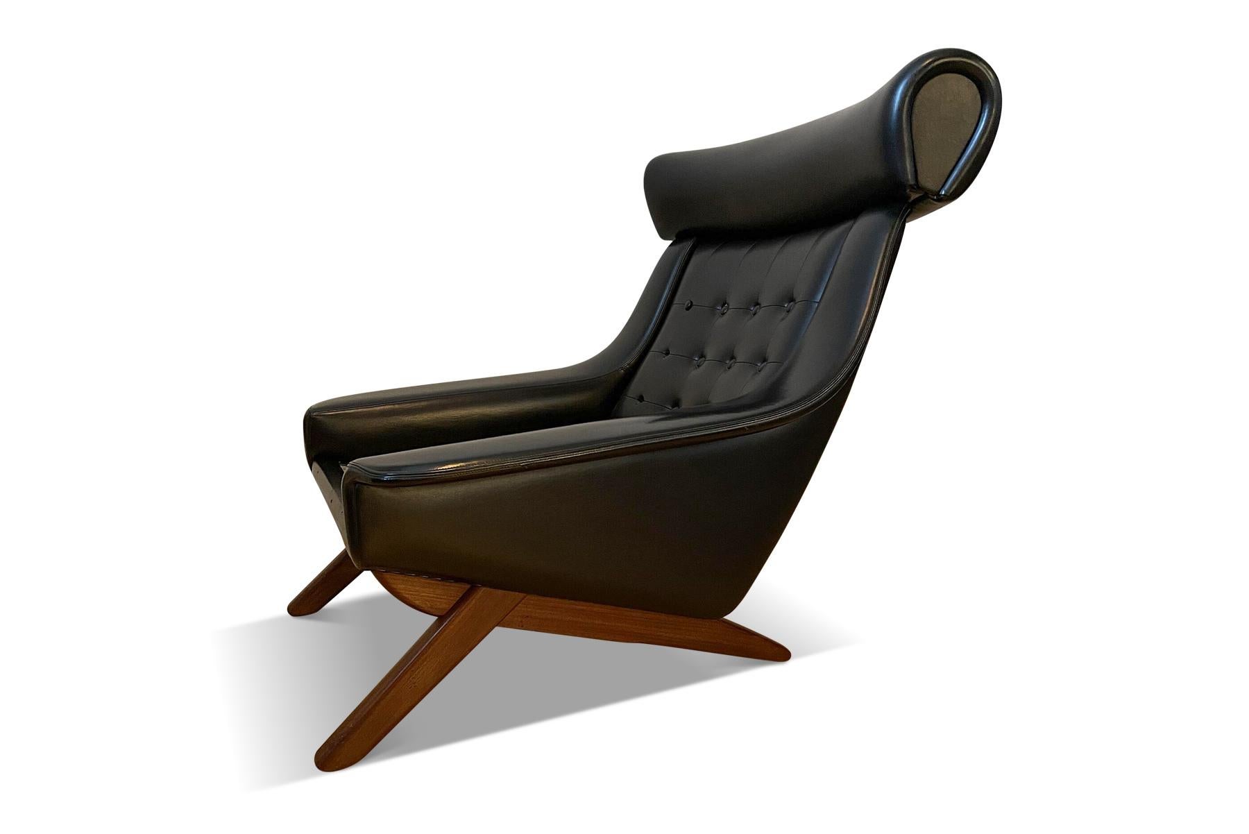 Danish Modern High Wingback Lounge Chair in Black Vinyl For Sale 1