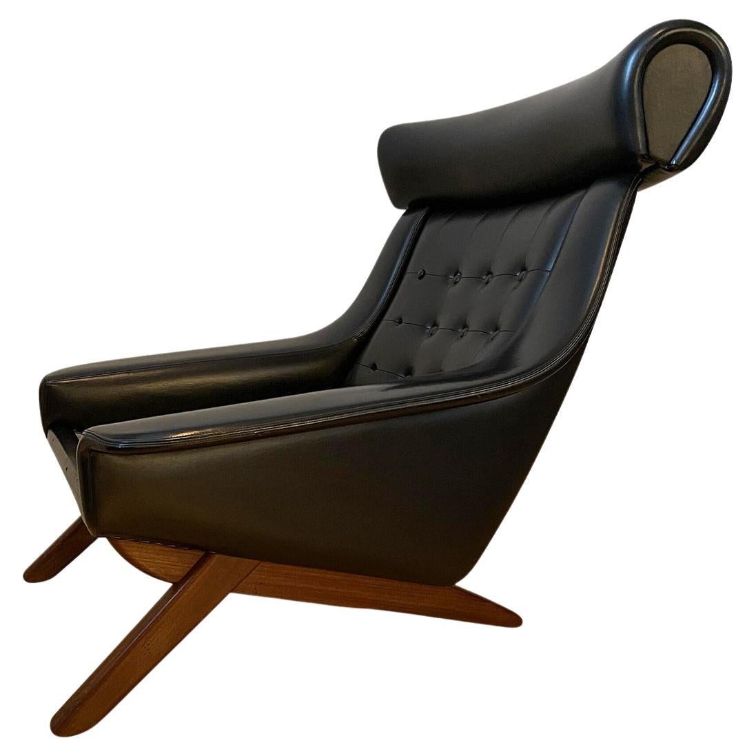Danish Modern High Wingback Lounge Chair in Black Vinyl For Sale