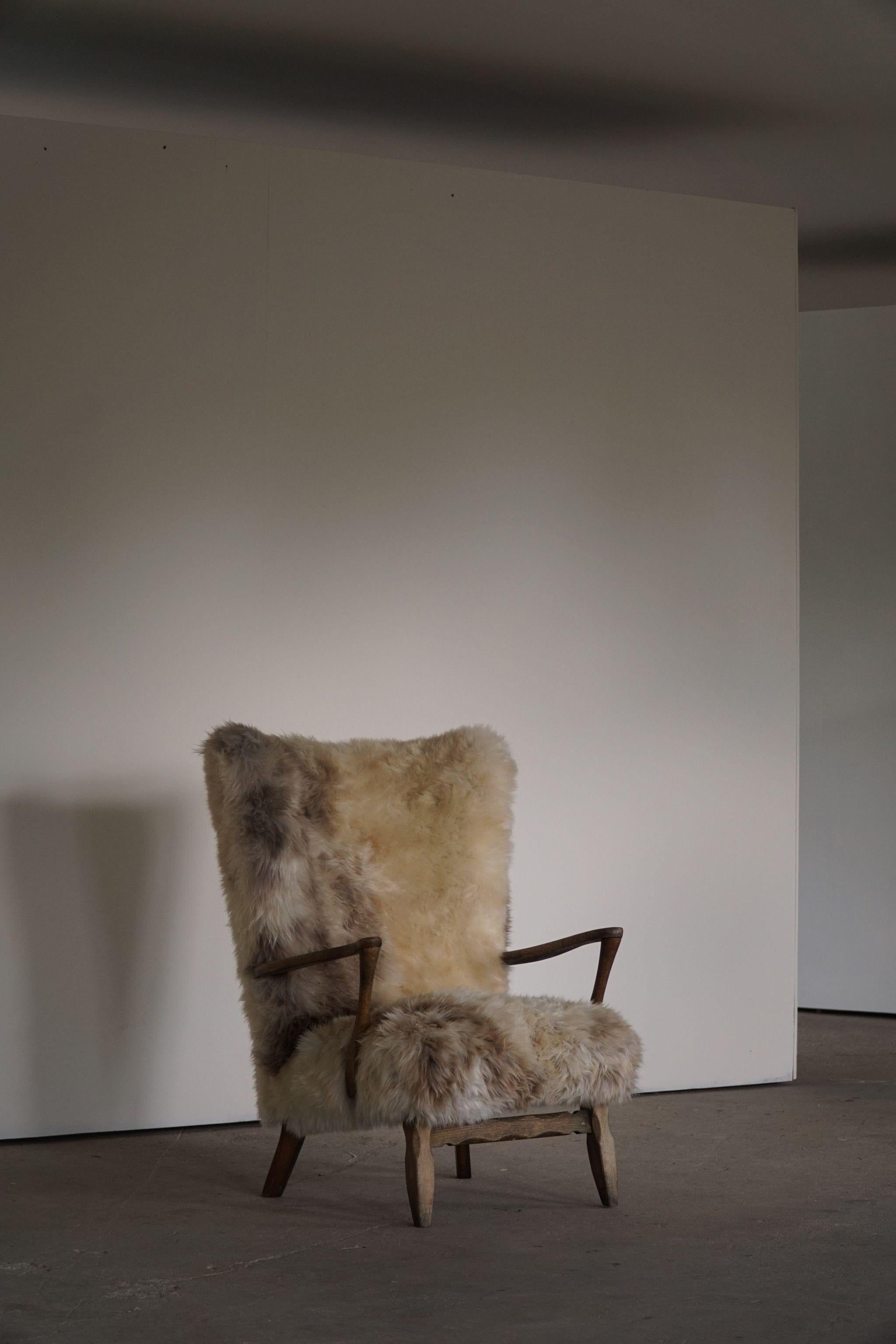Danish Modern Highback Lounge Chair in Oak, Reupholstered in Lambswool, 1950s 5