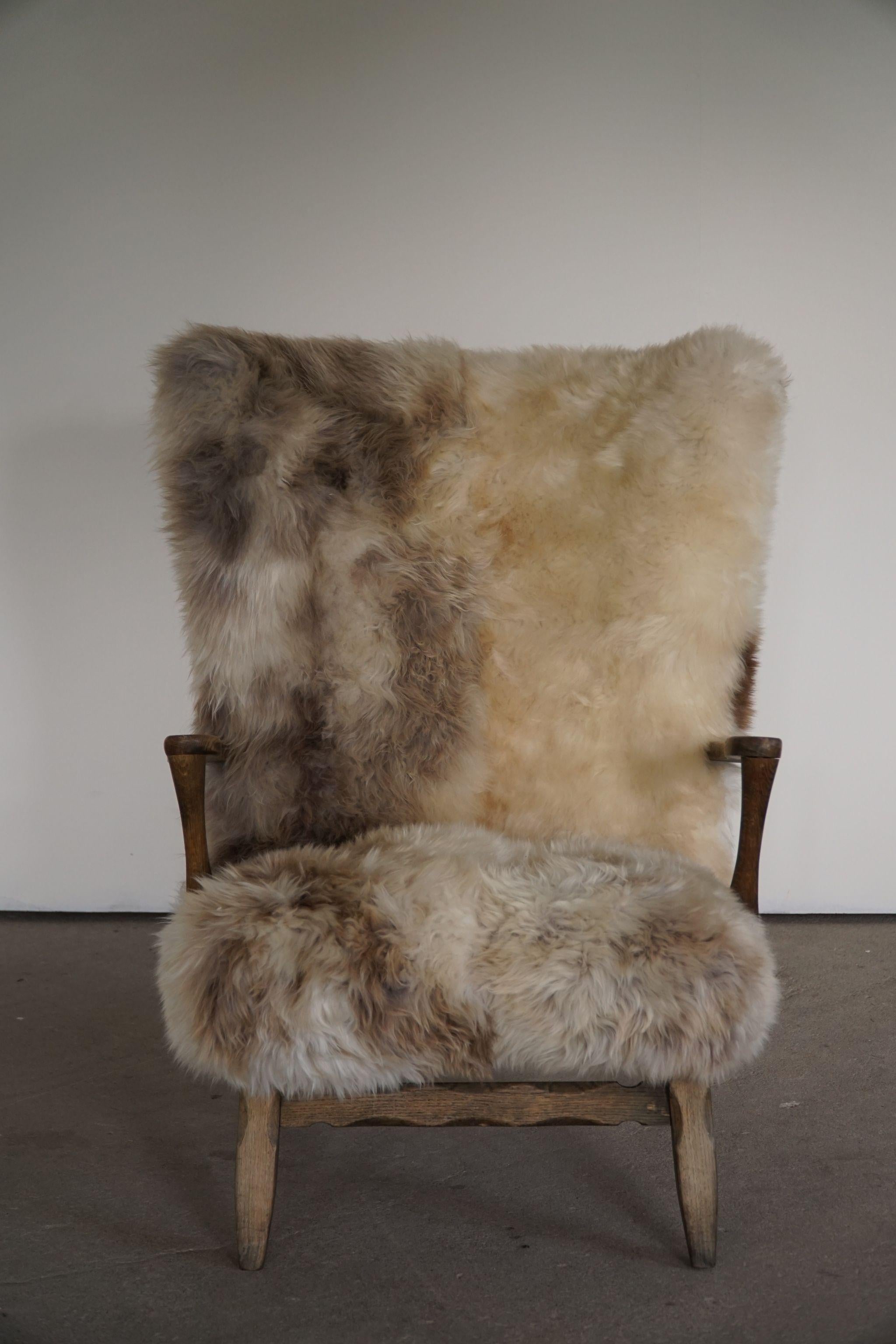 Danish Modern Highback Lounge Chair in Oak, Reupholstered in Lambswool, 1950s 6