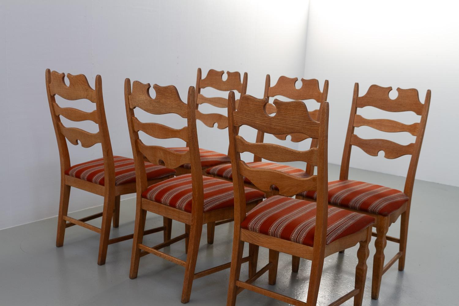 Danish Modern Highback Razorblade Oak Chairs by Kjærnulf, 1960s. Set of 6. For Sale 6