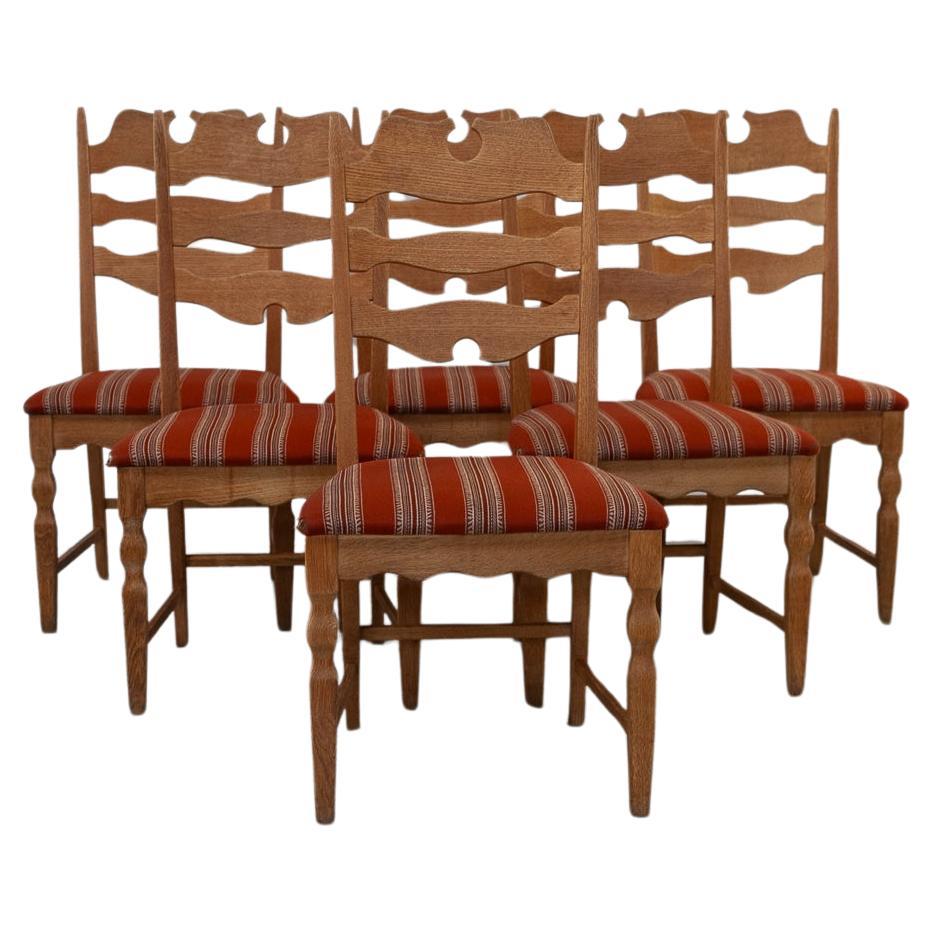 Danish Modern Highback Razorblade Oak Chairs by Kjærnulf, 1960s. Set of 6. For Sale