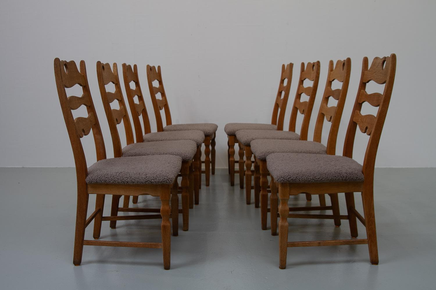 Danish Modern Highback Razorblade Oak Chairs by Kjærnulf, 1960s. Set of 8. For Sale 5