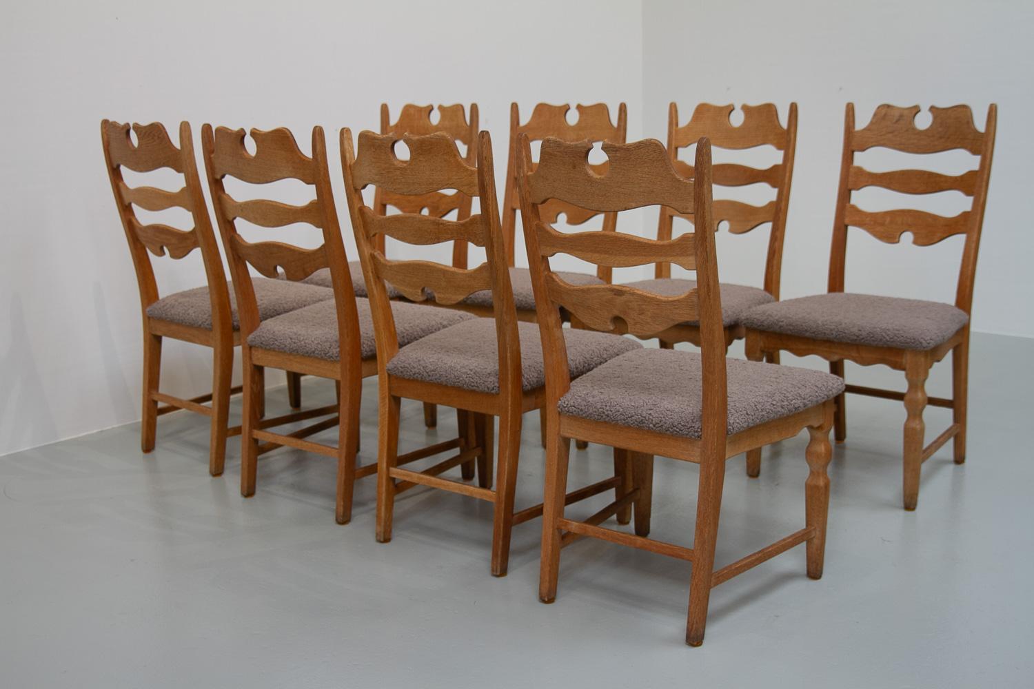 Danish Modern Highback Razorblade Oak Chairs by Kjærnulf, 1960s. Set of 8. For Sale 6