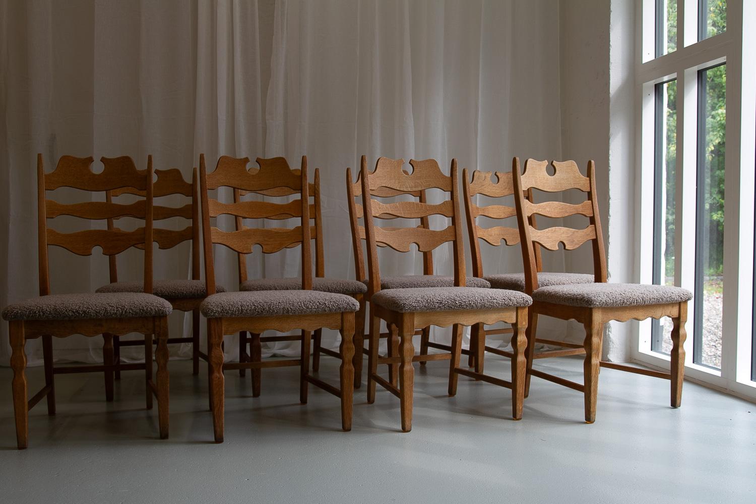 Danish Modern Highback Razorblade Oak Chairs by Kjærnulf, 1960s. Set of 8. For Sale 7