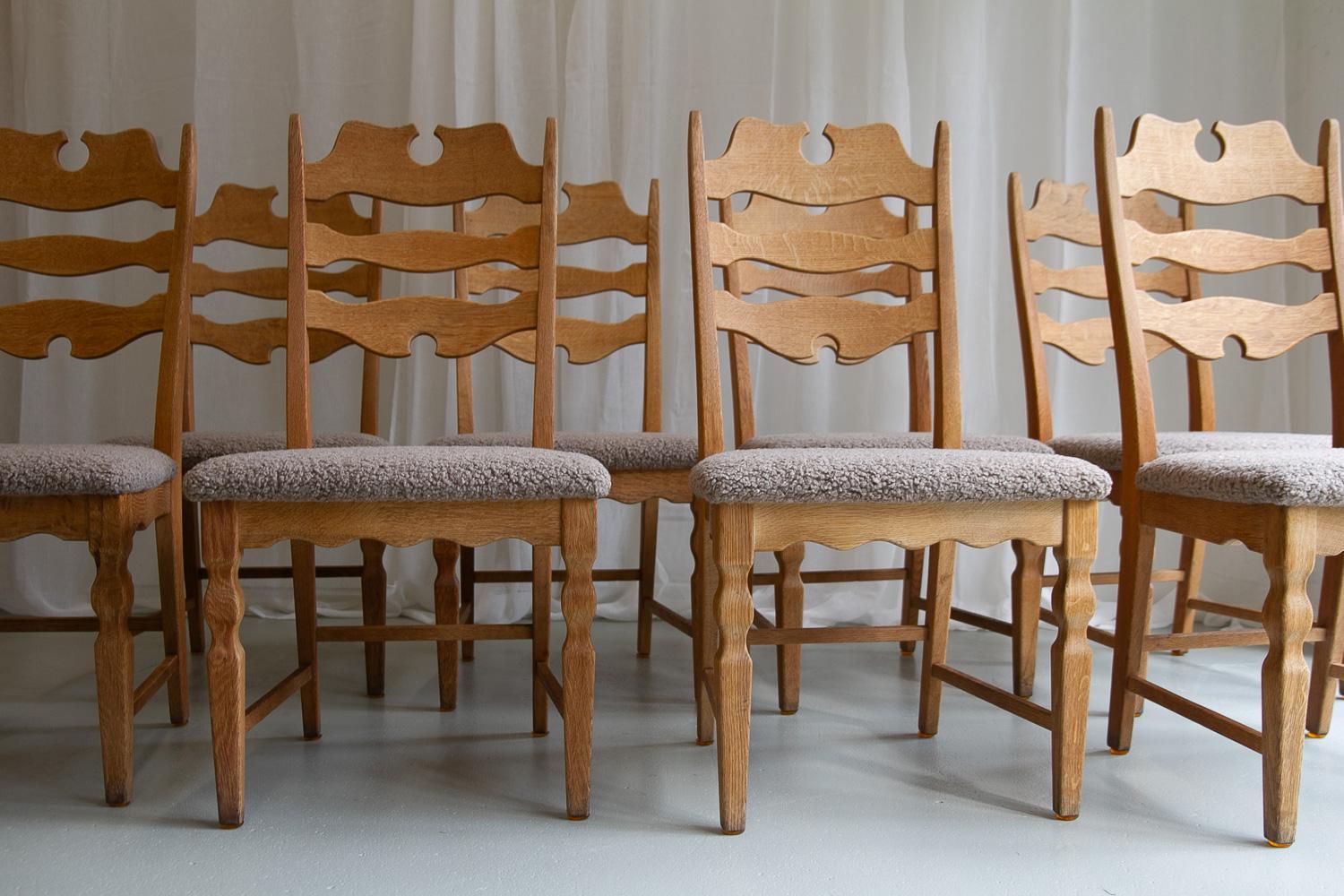 Danish Modern Highback Razorblade Oak Chairs by Kjærnulf, 1960s. Set of 8. For Sale 9