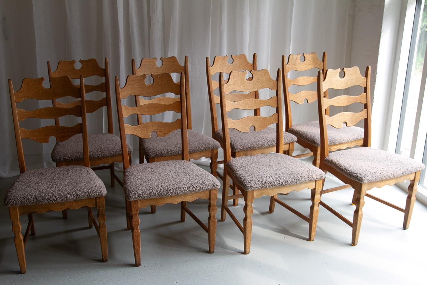 Danish Modern Highback Razorblade Oak Chairs by Kjærnulf, 1960s. Set of 8. For Sale 11