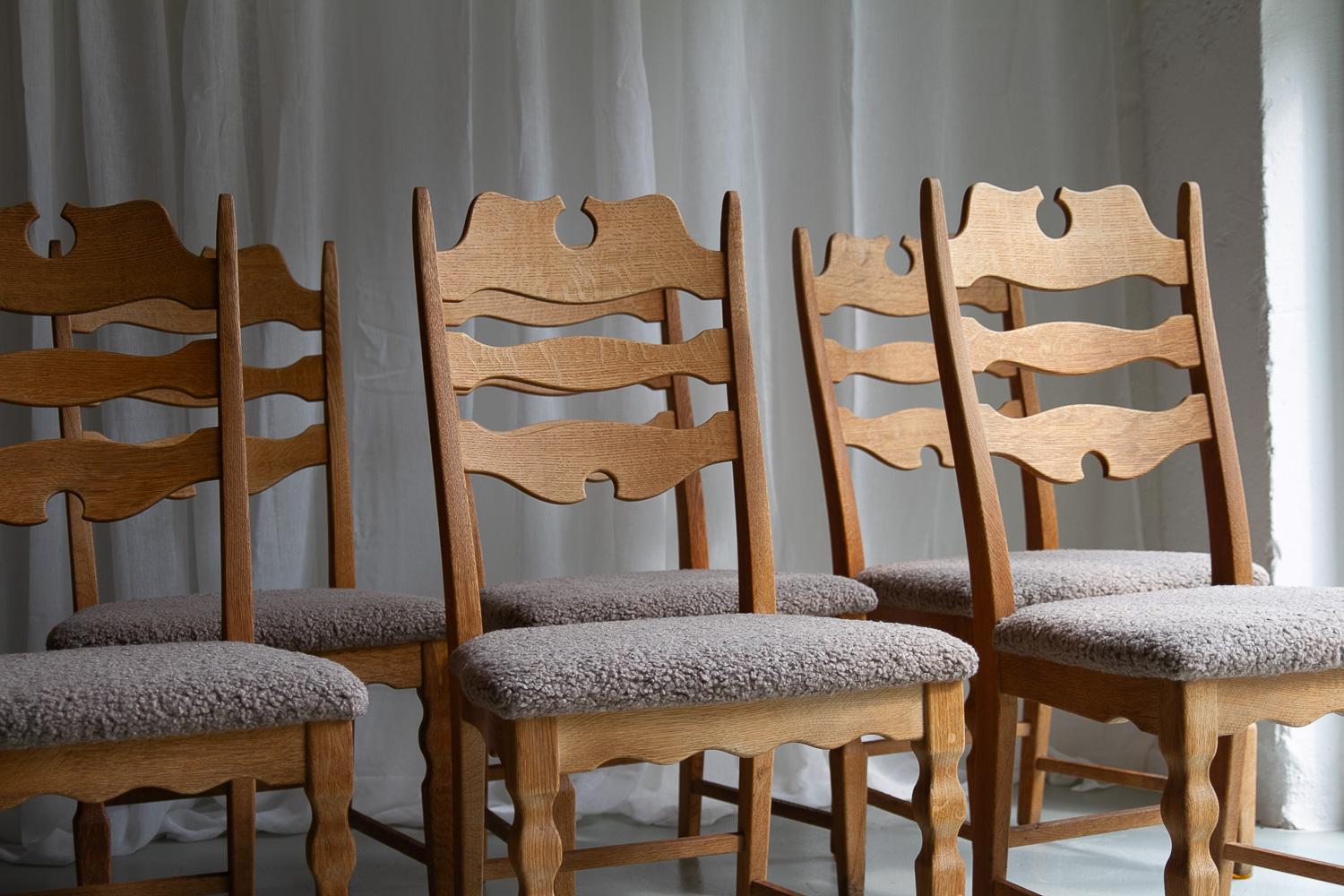 Danish Modern Highback Razorblade Oak Chairs by Kjærnulf, 1960s. Set of 8. For Sale 12