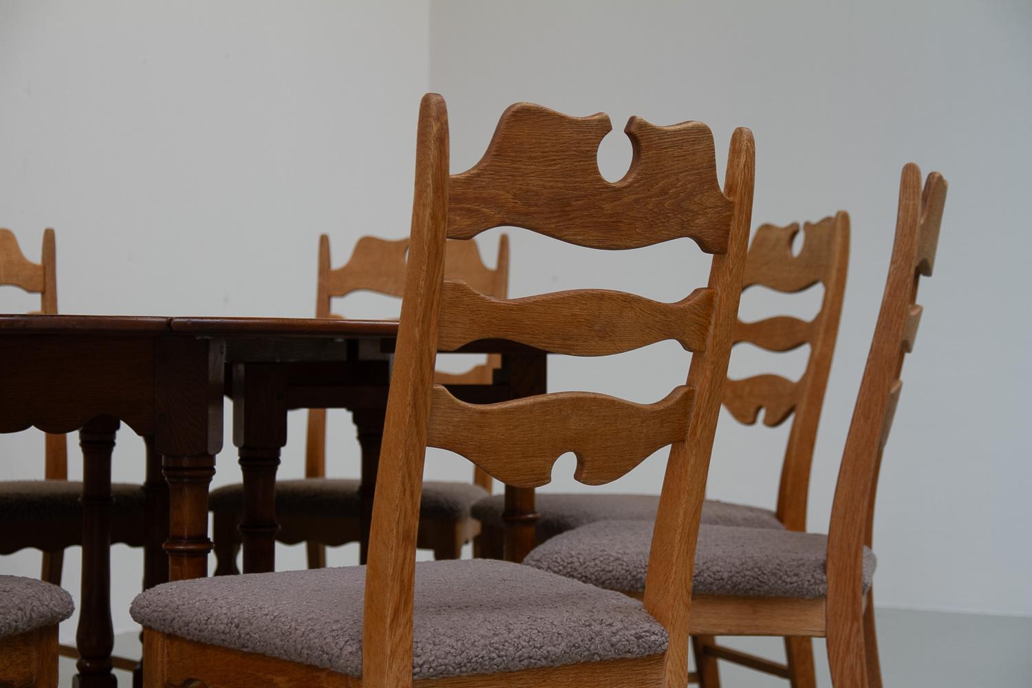 Danish Modern Highback Razorblade Oak Chairs by Kjærnulf, 1960s. Set of 8. In Good Condition For Sale In Asaa, DK