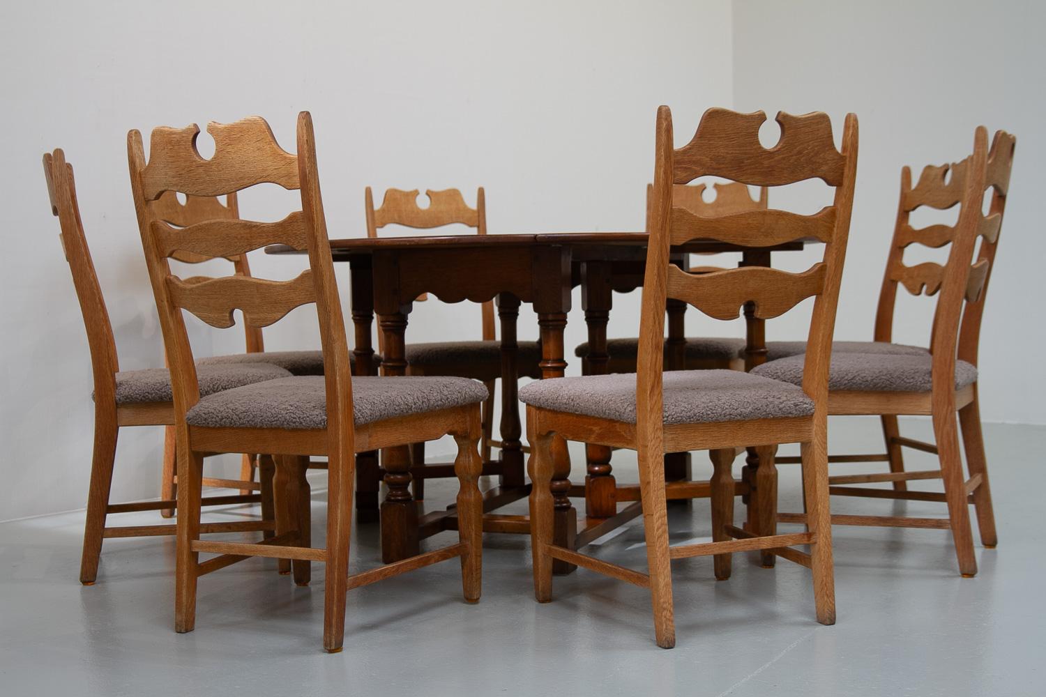 Danish Modern Highback Razorblade Oak Chairs by Kjærnulf, 1960s. Set of 8. For Sale 1