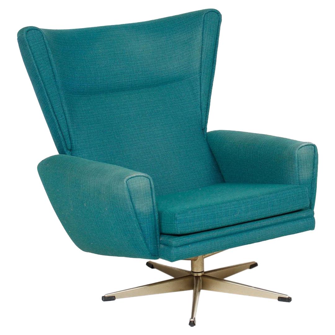 Danish Modern Highback Swivel Chair in Teal Wool
