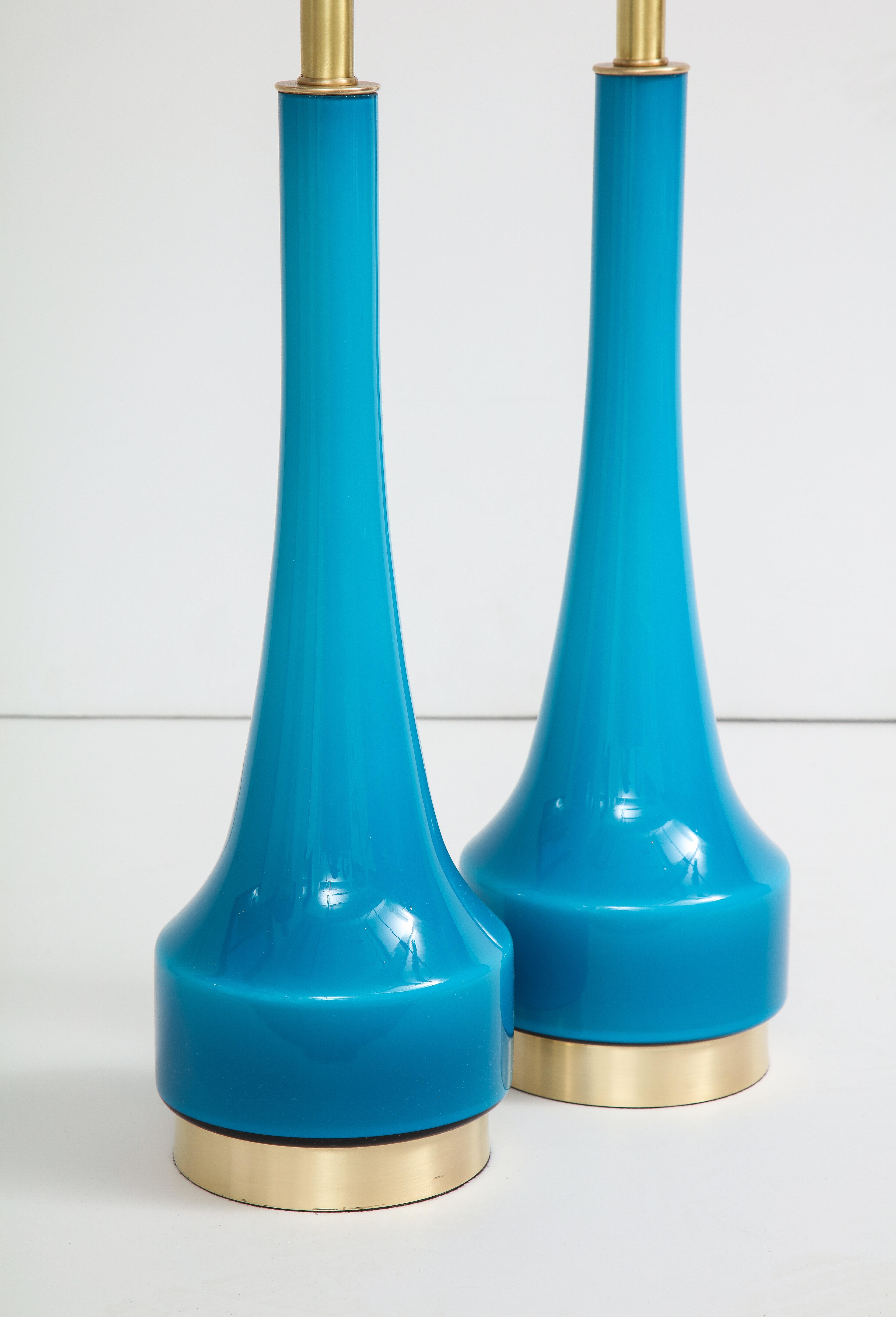 Brass Danish Modern Holmegaard Cerulean Blue Lamps