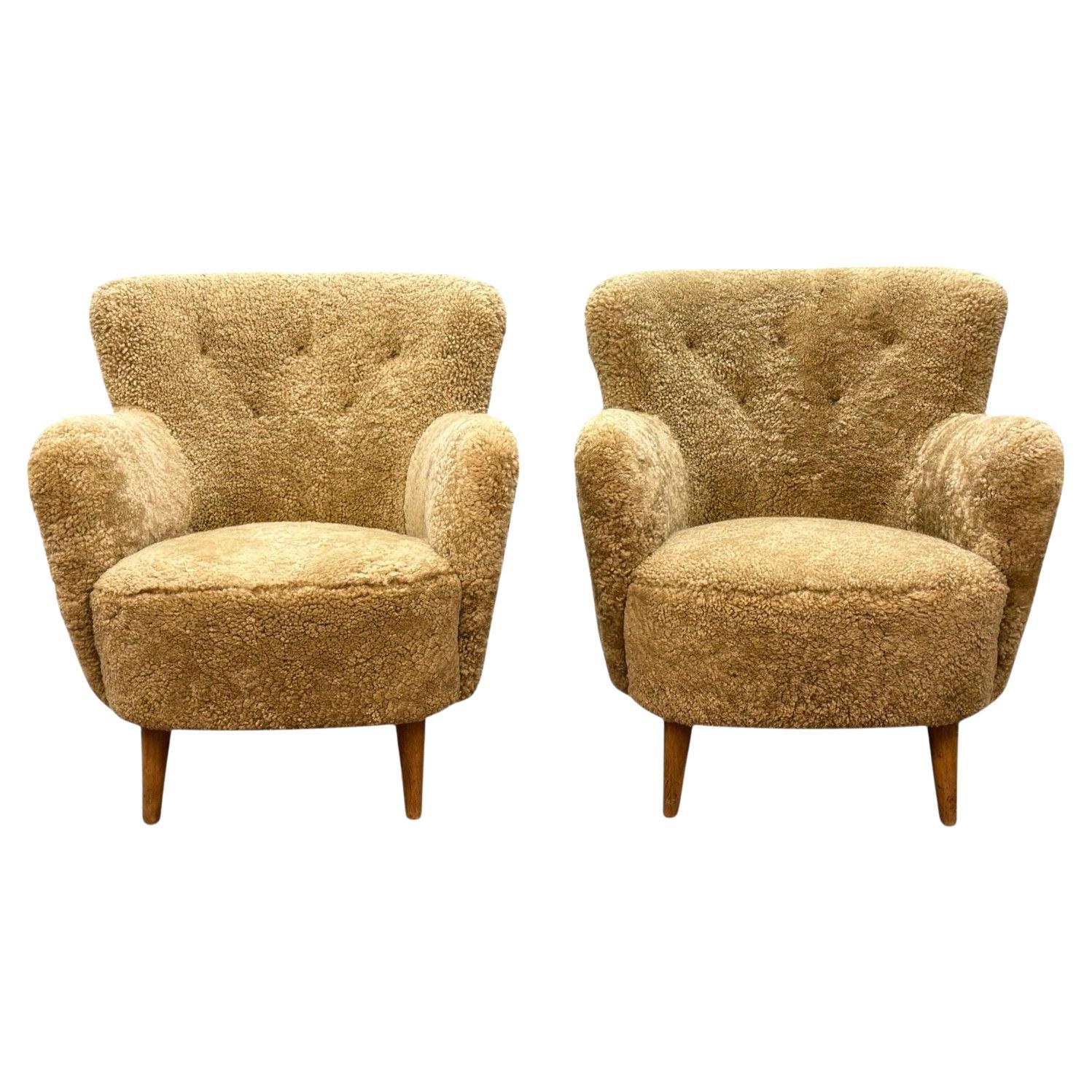 Danish Modern, Honey Sheepskin, Beech, Organic Lounge Chairs, Denmark, 1940s