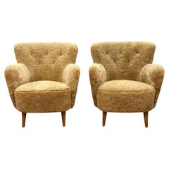 Danish Modern, Honey Sheepskin, Beech, Organic Lounge Chairs, Denmark, 1940s