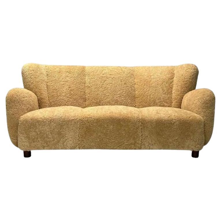 Canapé danois moderne, en peau de mouton miel, Oak, Danemark, années 1940