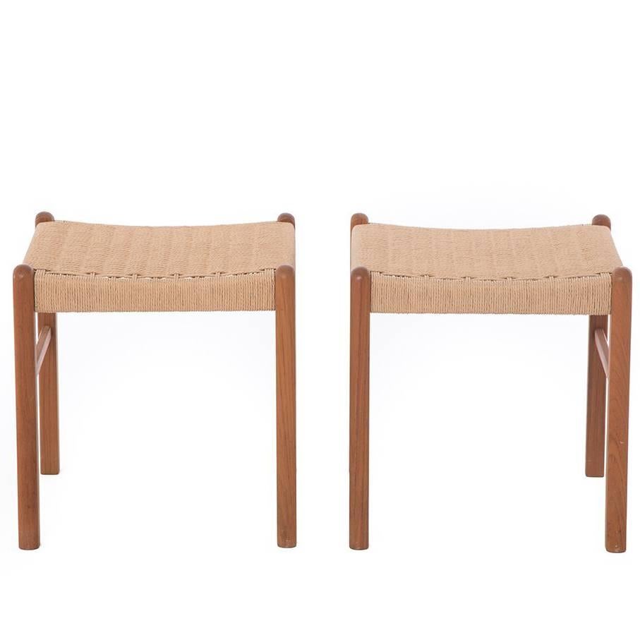 Danish Modern J.L. Møller Teak Stools with Woven Seats