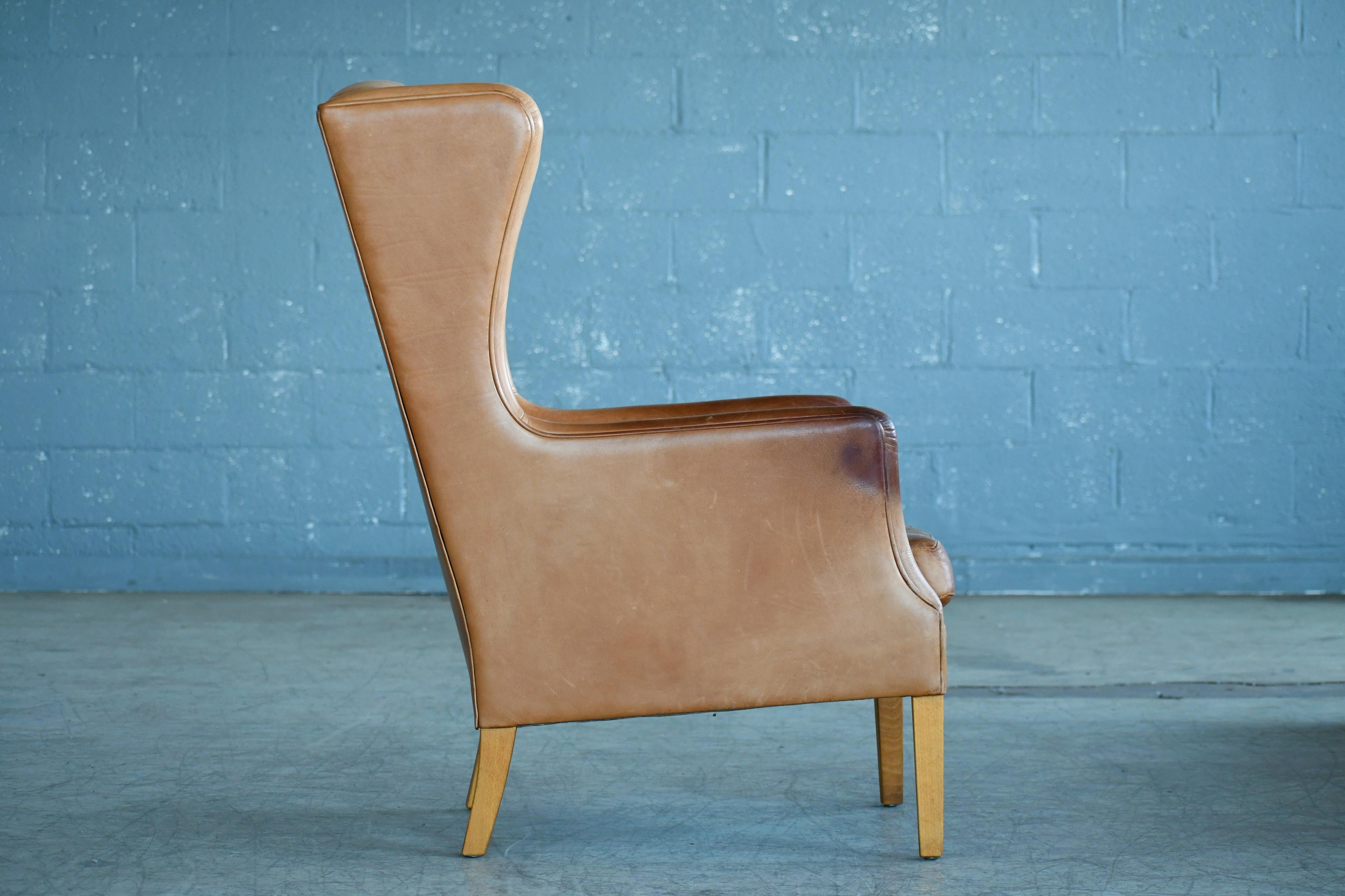 Danish Modern Kaare Klint Style Wingback Chair in Tan Leather with Patina 1