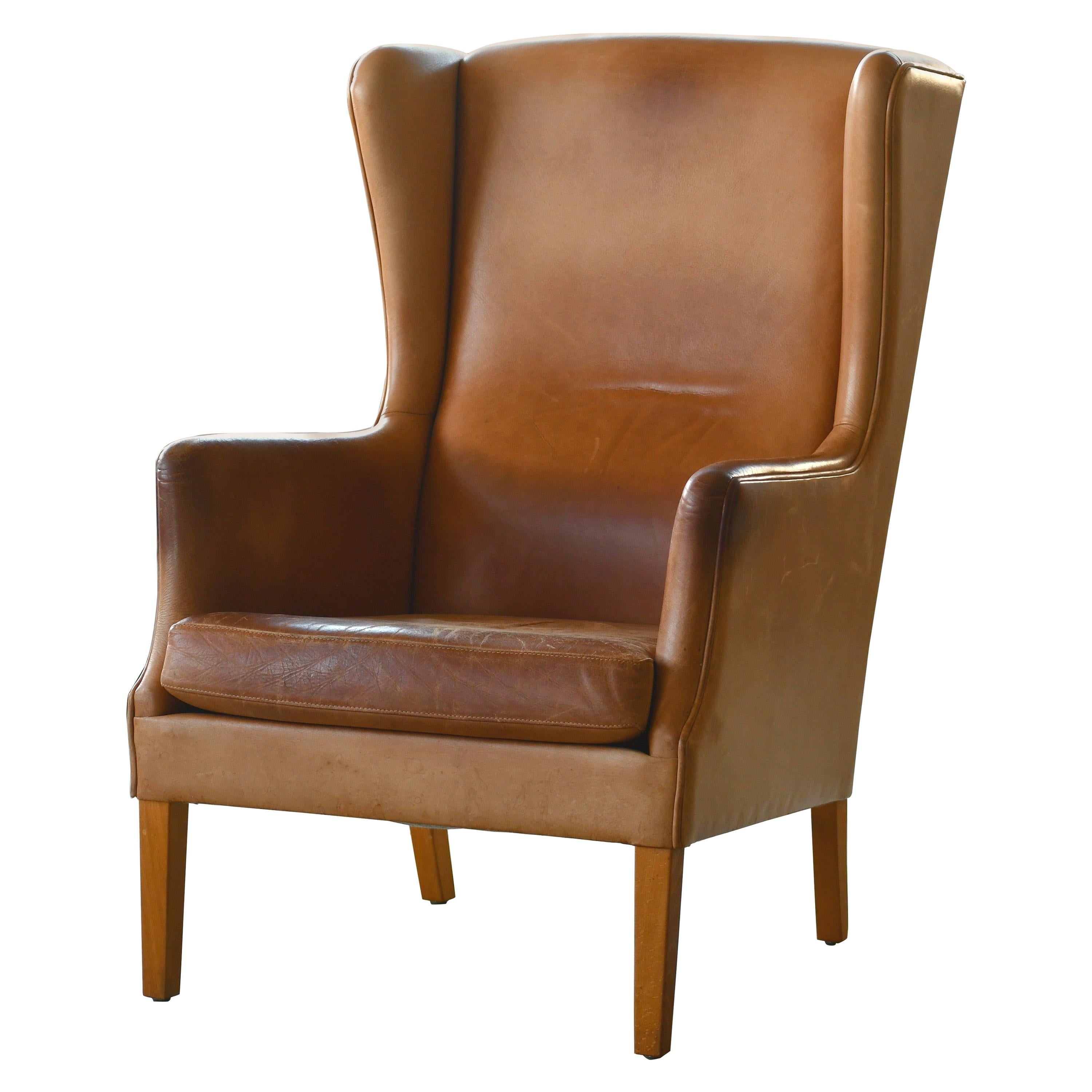 Danish Modern Kaare Klint Style Wingback Chair in Tan Leather with Patina