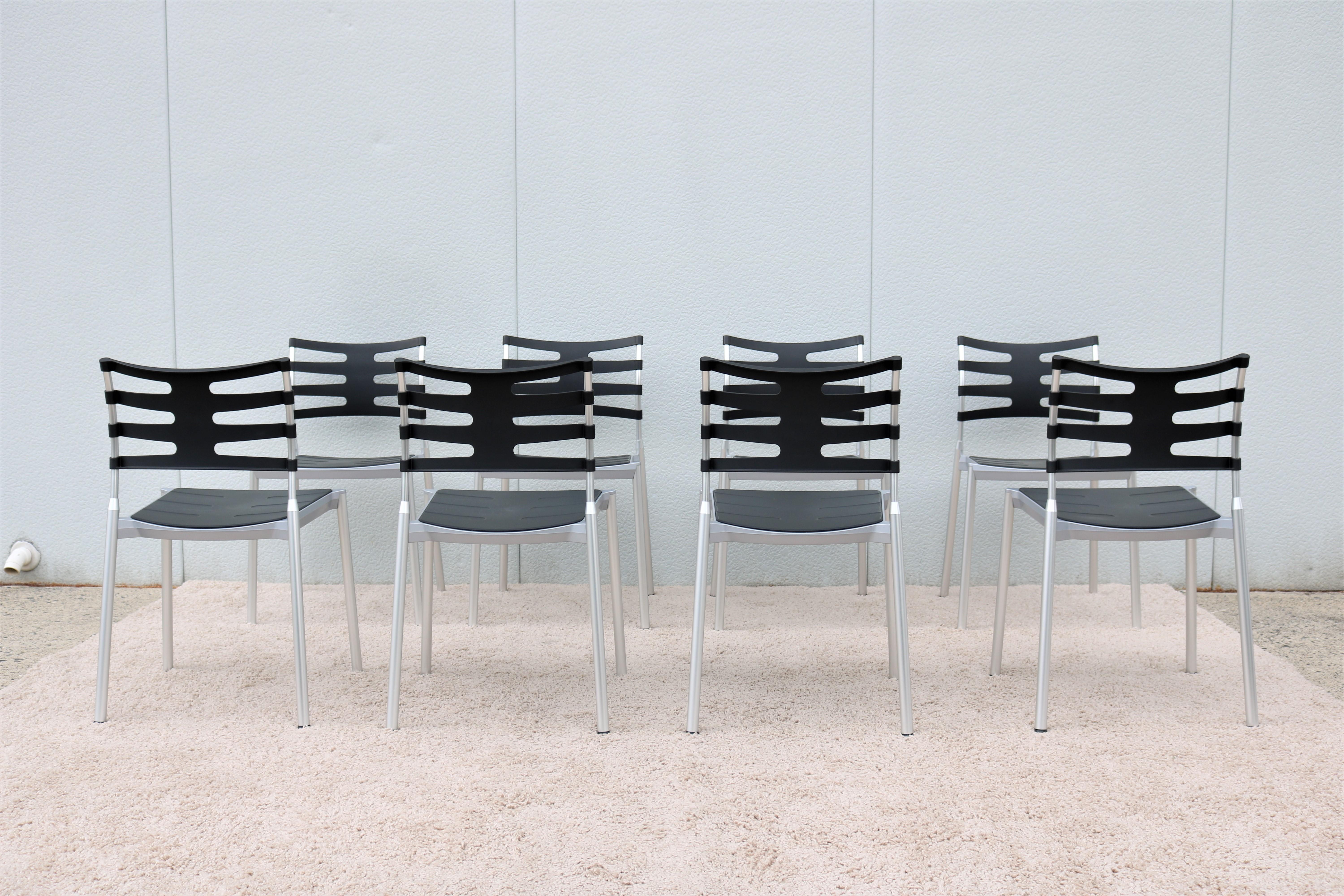 Aluminium Kasper Salto set de 8 chaises de salle à manger d'extérieur danoises modernes pour Fritz Hansen en vente
