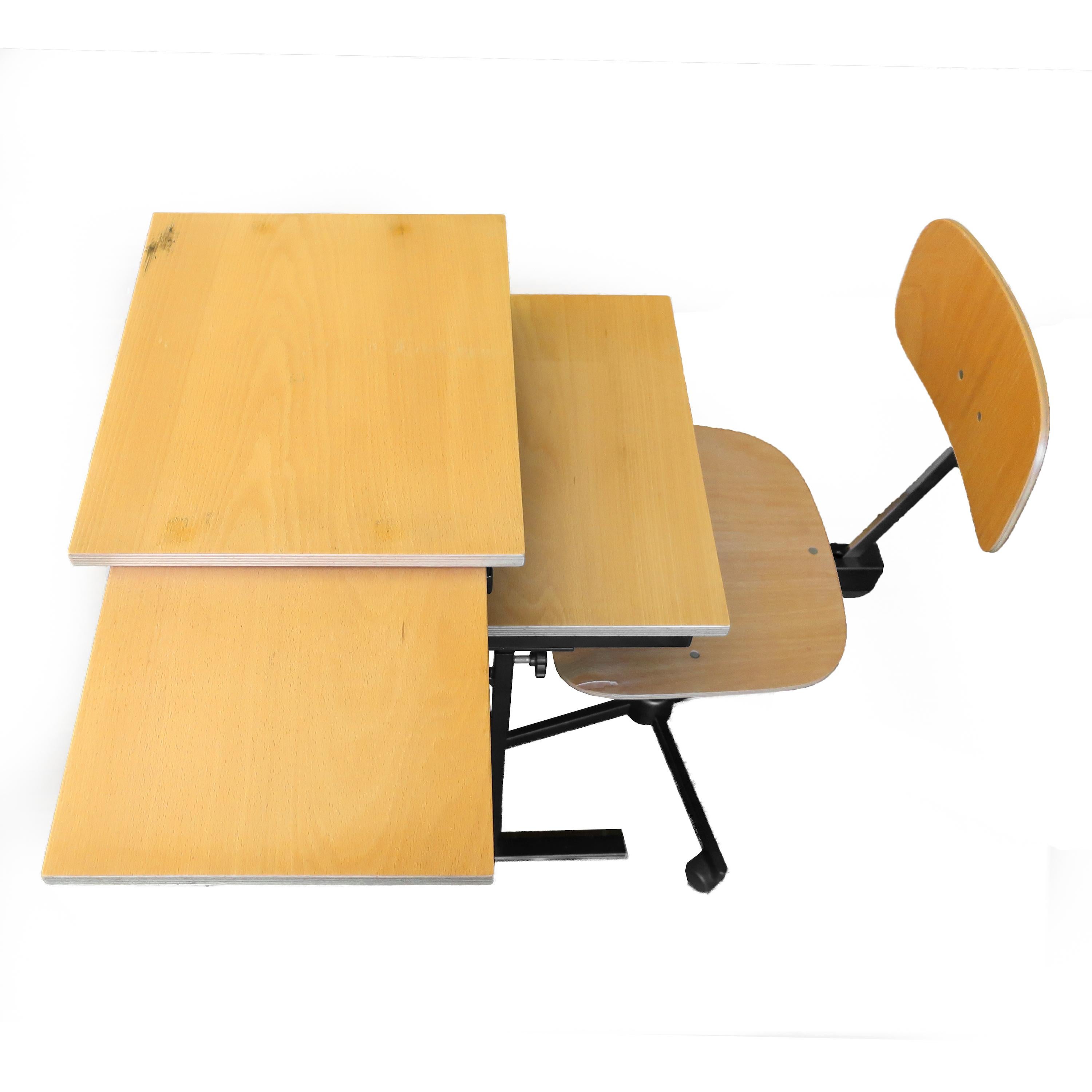 An iconic Danish modern office chair design by architect and designer Jorgen Rasmussen, the Kevi chair (1965) became a widely popular chair. With a molded wood seat, black aluminum base, and chrome accents, the Kevi chair has seat height and back