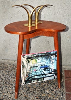 Danish Modern Kidney Teak Side Table Oak Tripod Base Book Rack & Cigar Ashtray