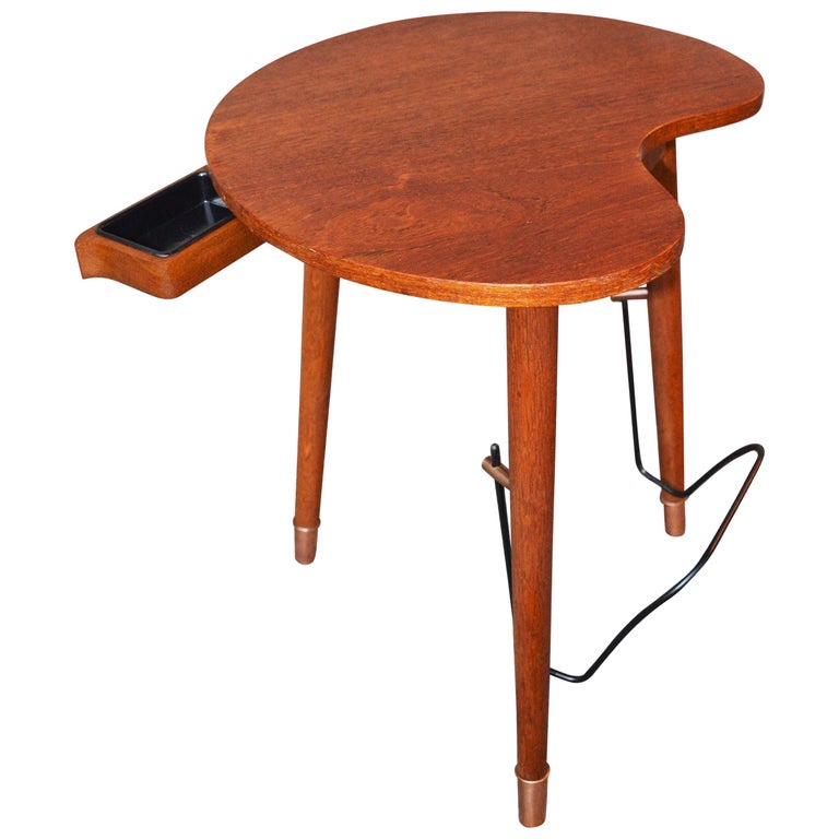 Danish Modern Kidney Teak Side Table Oak Tripod Base Book Rack and