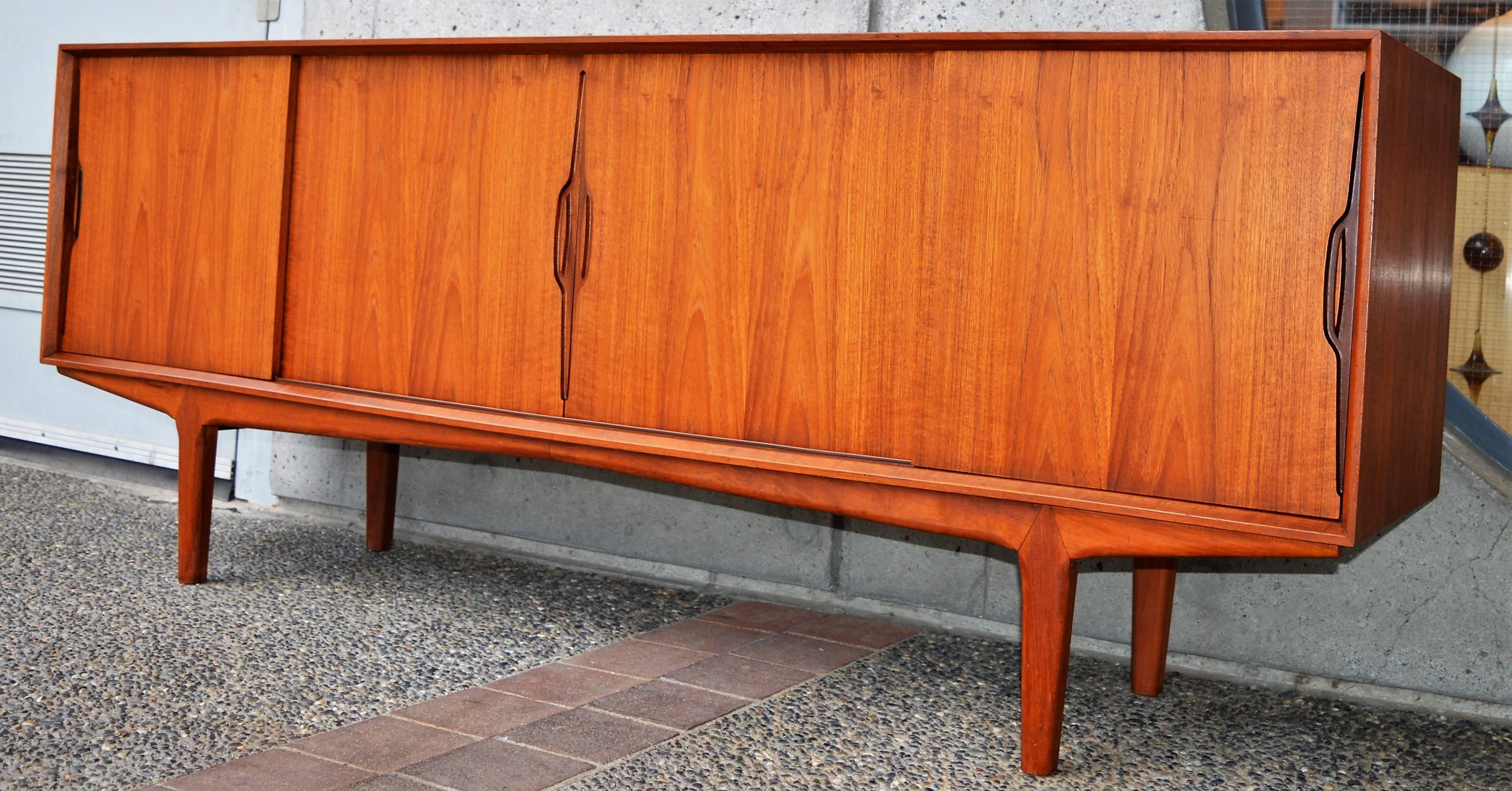 Mid-Century Modern Danish Modern Knud Nielsen Teak Four Slider Credenza with Iconic Door Pulls