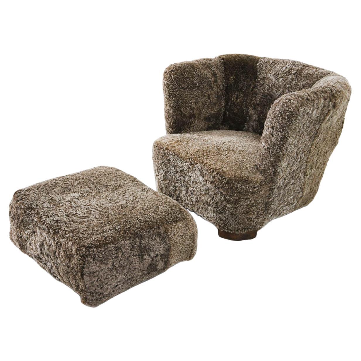 Danish Modern Lambswool Club Chair & Ottoman - Attributed to Slagelse Møbelværk For Sale