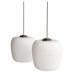 Danish Modern Large Funkis Pendants by Fog & Mørup, Opal Glass & Brass, 1940s