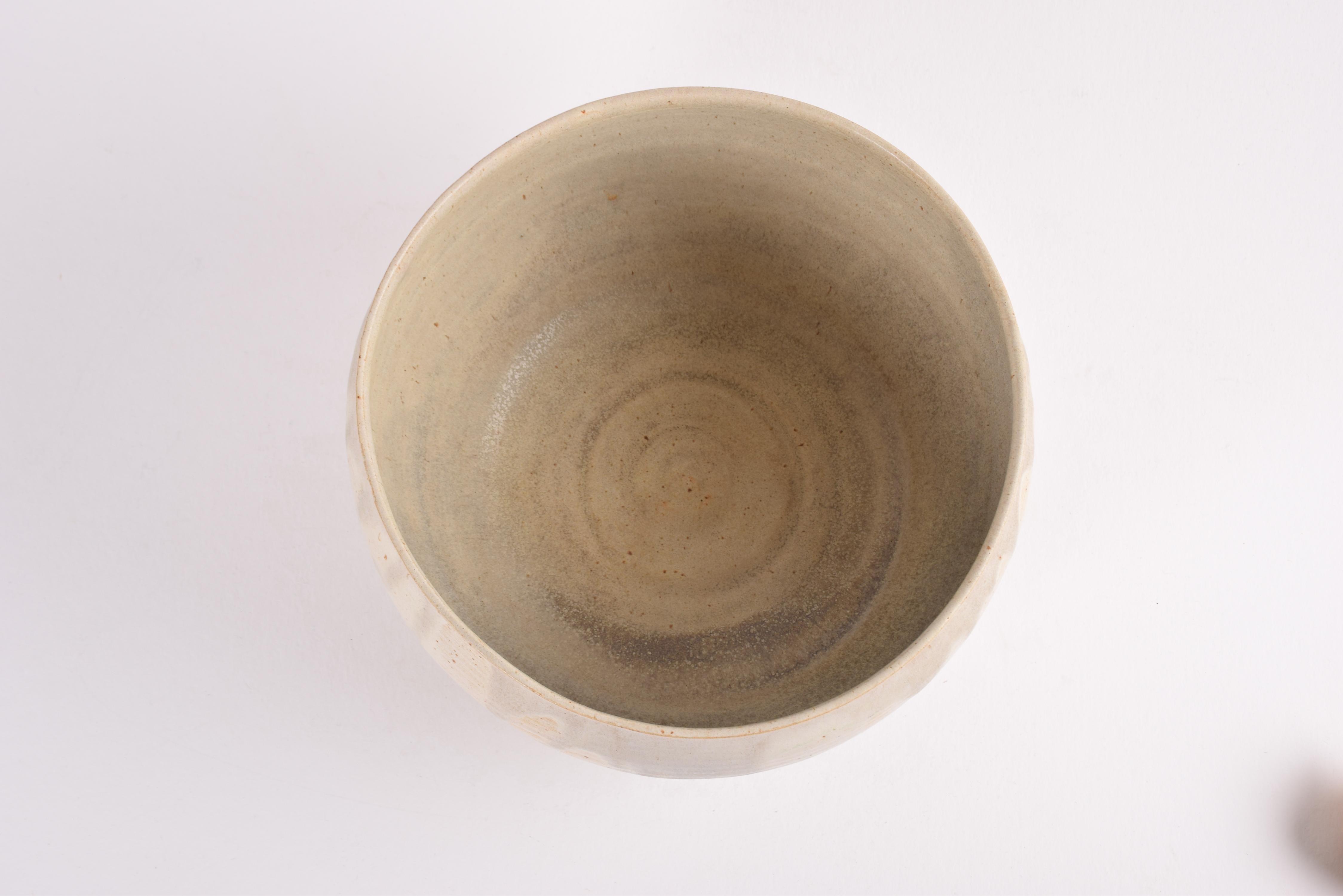 Ceramic Danish Modern Large Tall Stoneware Bowl with Beige Drip Glaze Signed JCJ, 1980s For Sale