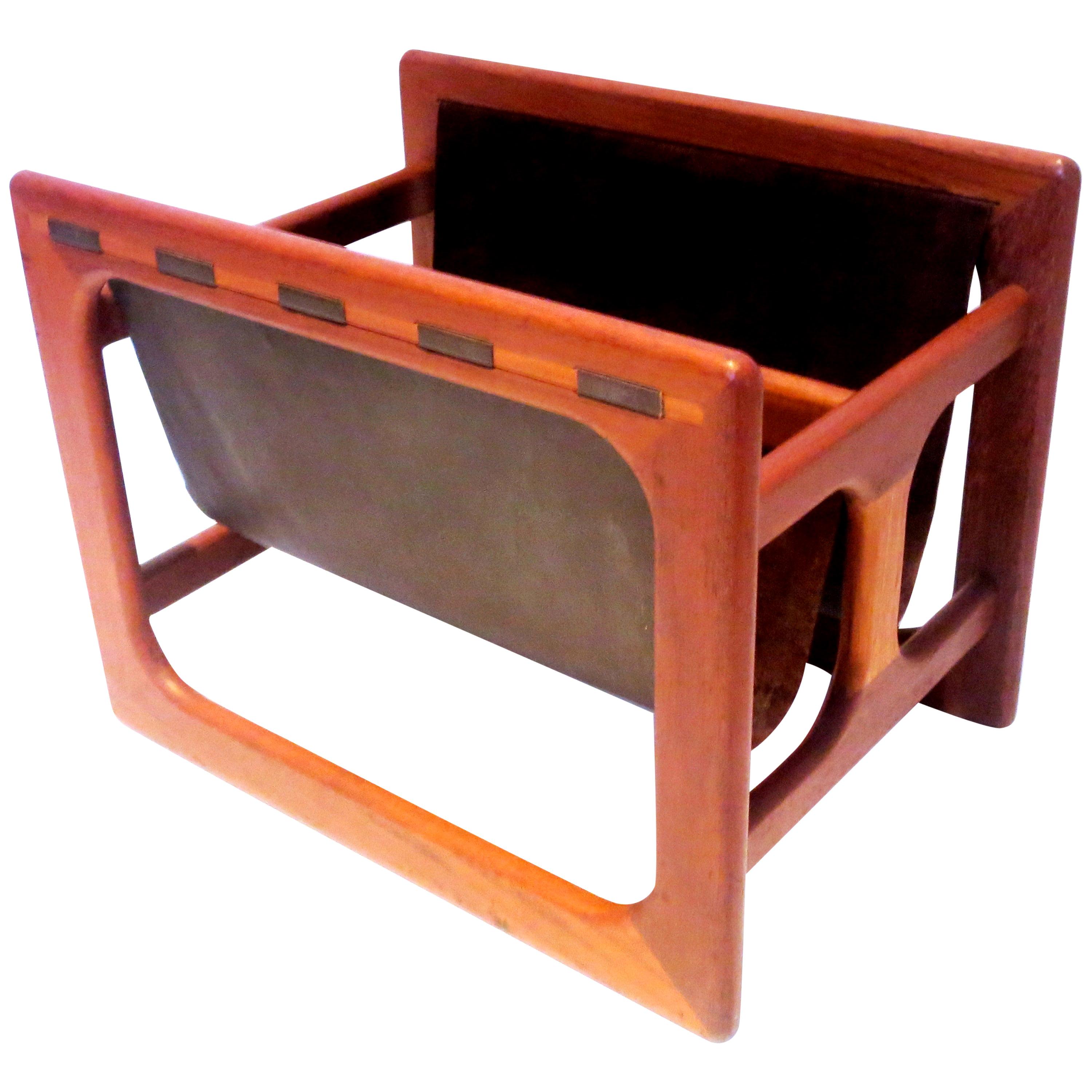 Danish Modern Leather and Teak Sculpted Double Magazine Rack For Sale