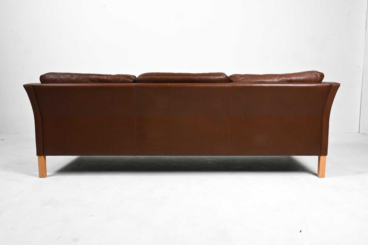 Danish Modern Leather & Beech Three-Seat Sofa by Mogens Hansen For Sale 6
