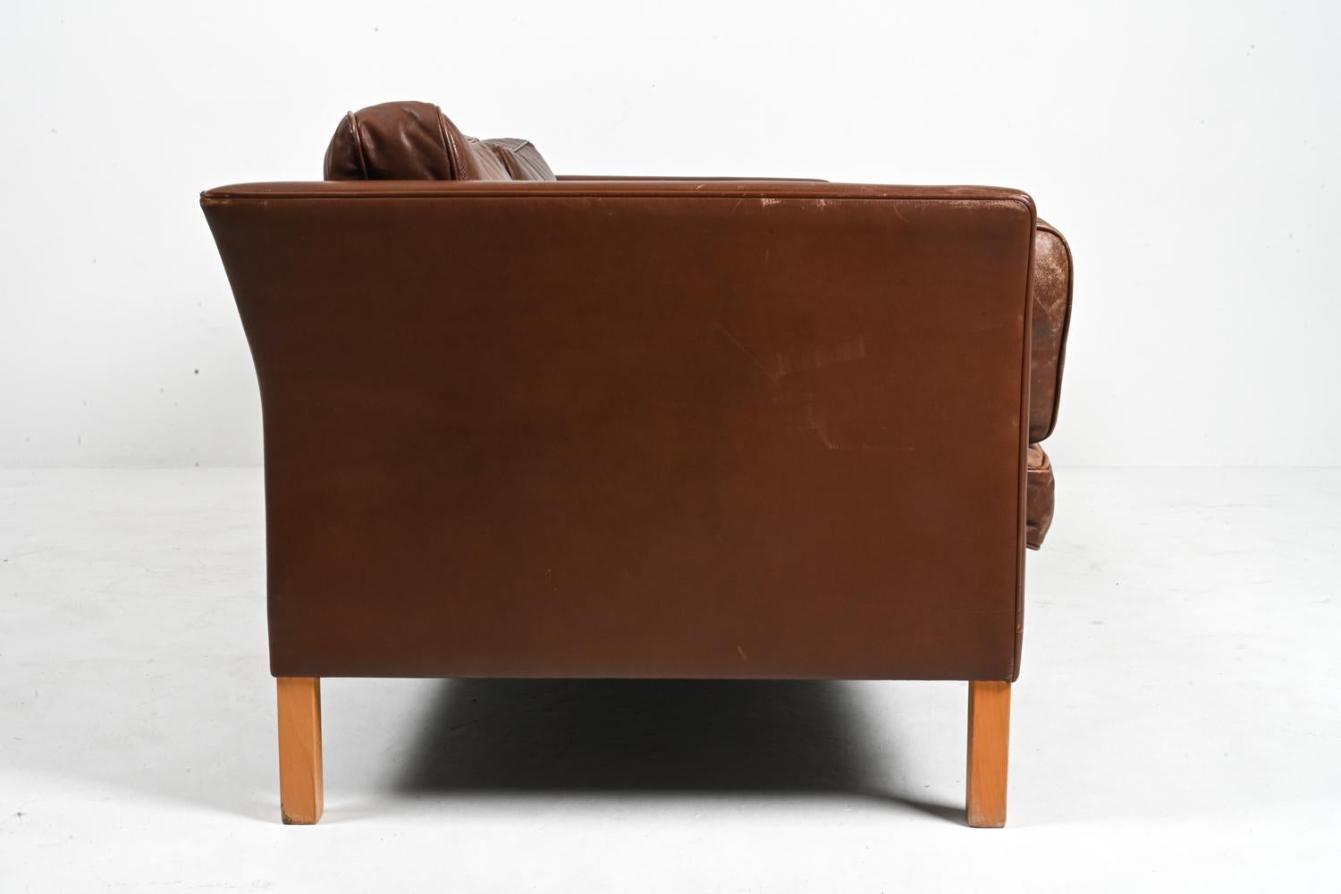 Danish Modern Leather & Beech Three-Seat Sofa by Mogens Hansen For Sale 8