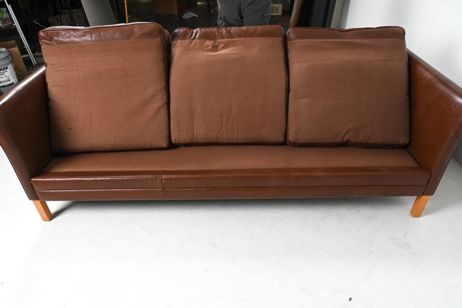 Danish Modern Leather & Beech Three-Seat Sofa by Mogens Hansen For Sale 9