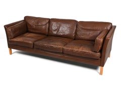 Danish Modern Leather & Beech Three-Seat Sofa by Mogens Hansen