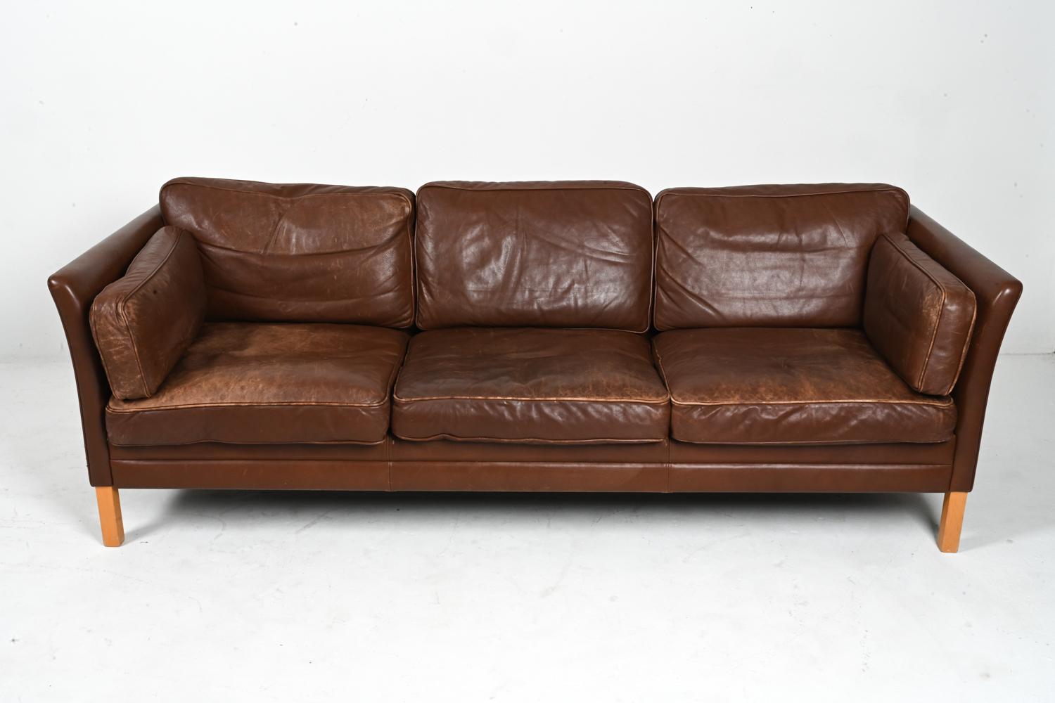 Scandinavian Modern Danish Modern Leather & Beech Three-Seat Sofa by Mogens Hansen For Sale