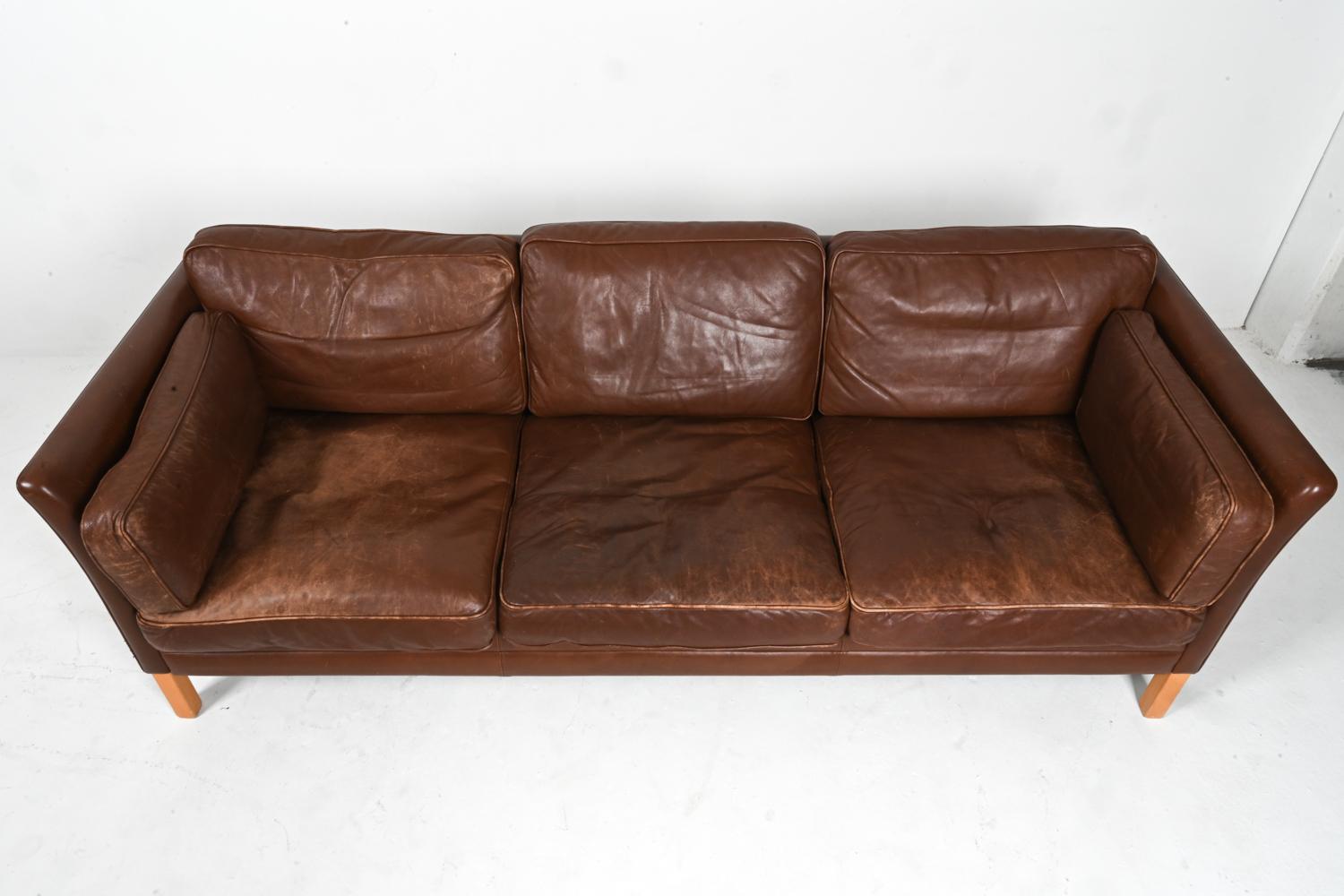 20th Century Danish Modern Leather & Beech Three-Seat Sofa by Mogens Hansen For Sale