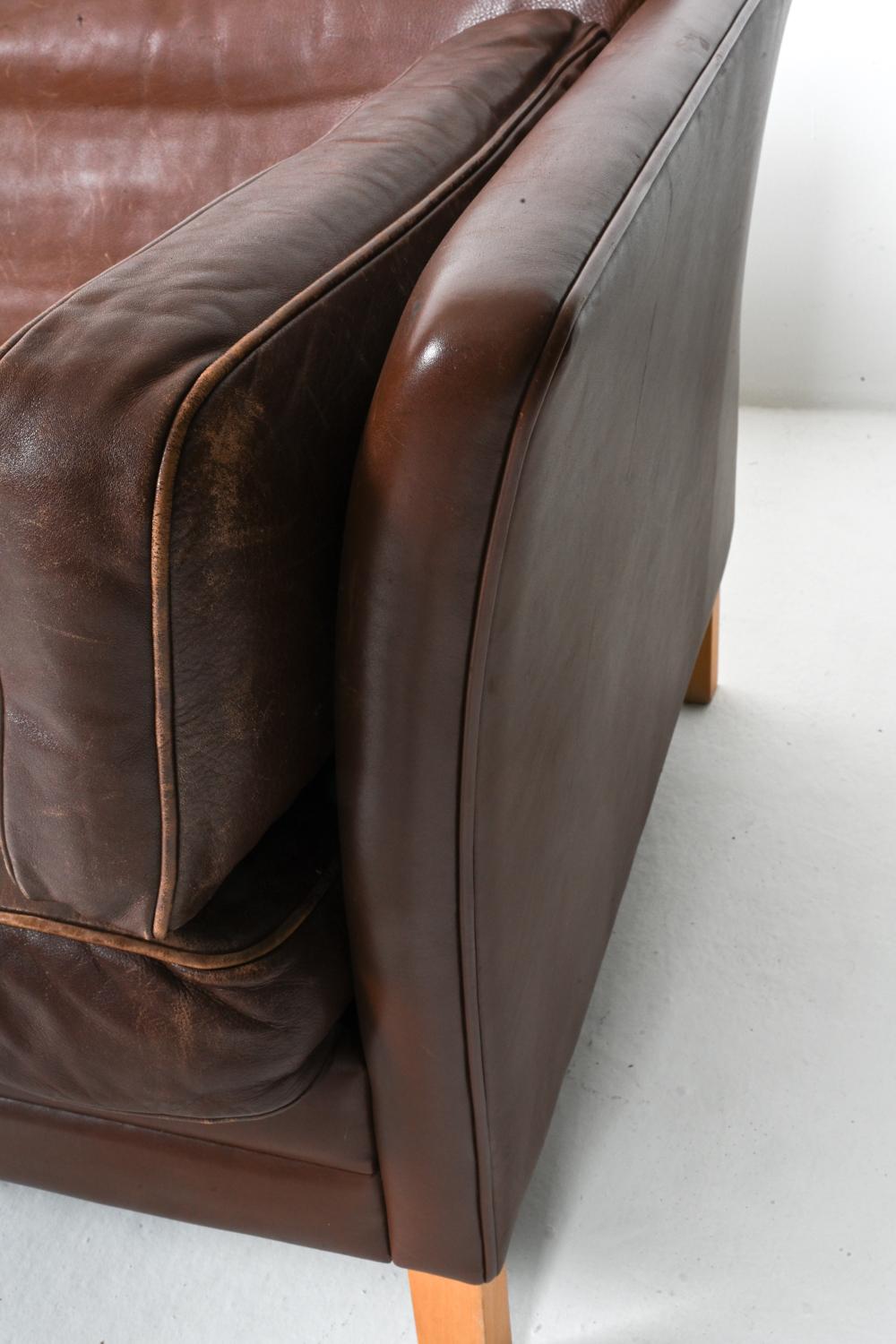 Danish Modern Leather & Beech Three-Seat Sofa by Mogens Hansen 1